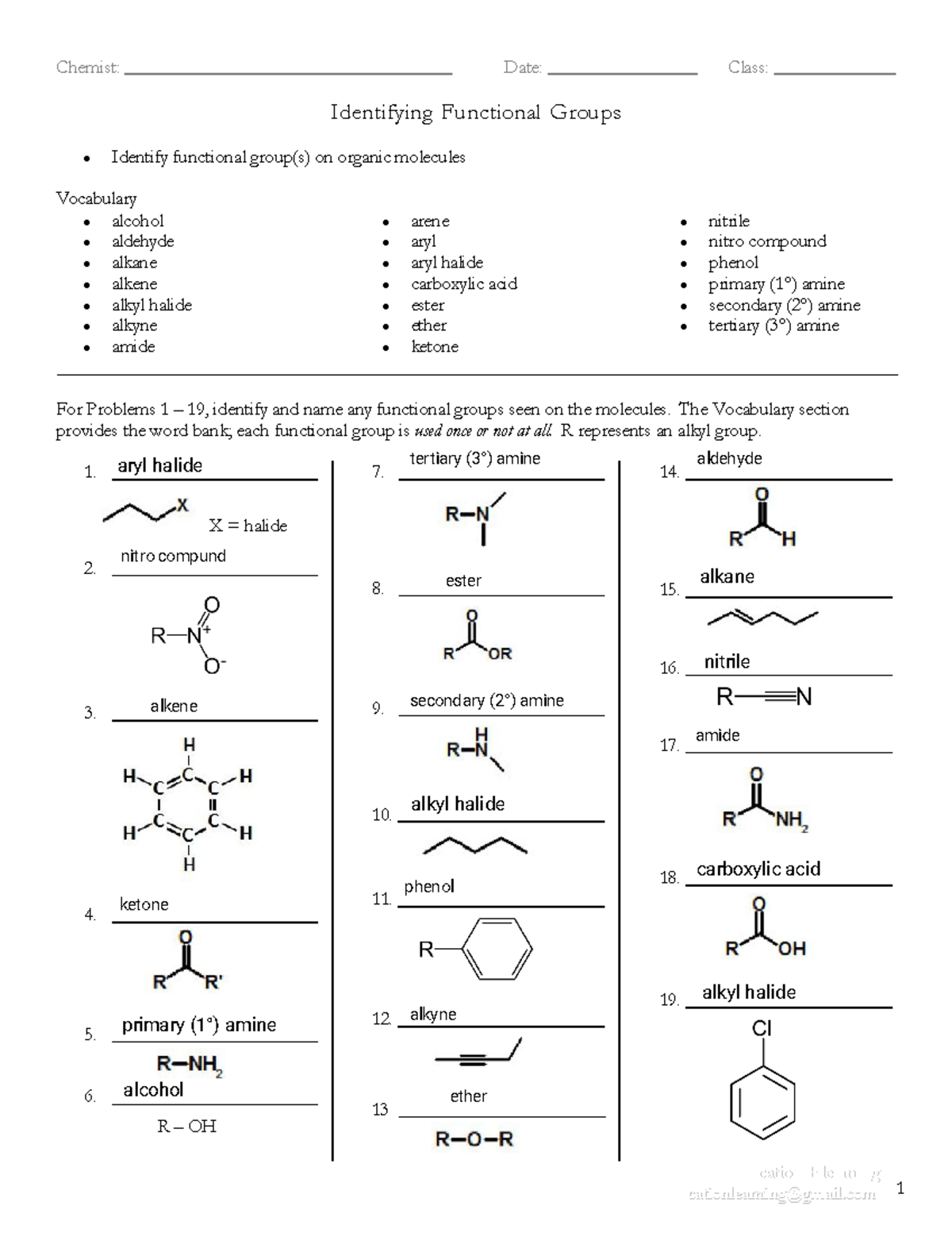 Identifying Functional Groups - Chemist: Date: Class: c caattii o o n n ...