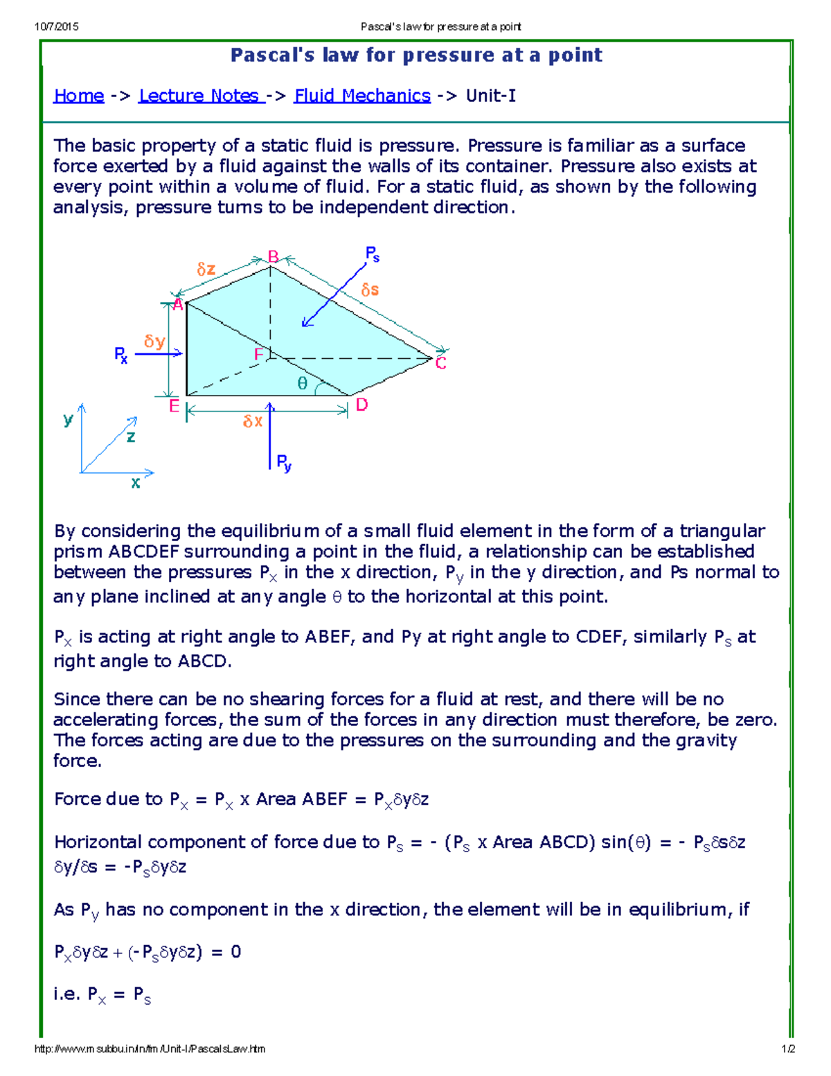 Pascal's law for pressure at a point 10/7/2015 Pascal's law for