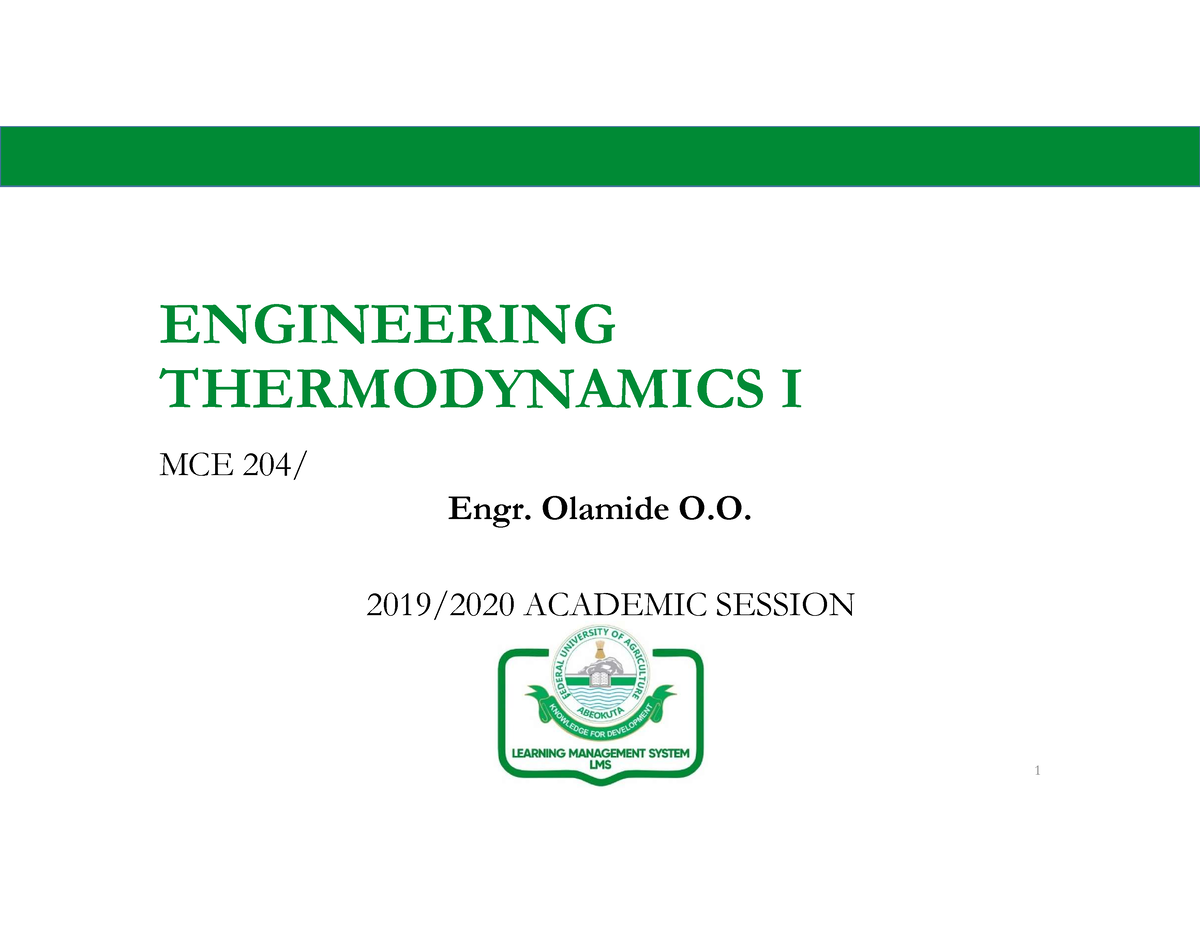 MCE 204 Equation of State Note - ENGINEERING THERMODYNAMICS I MCE 204 ...