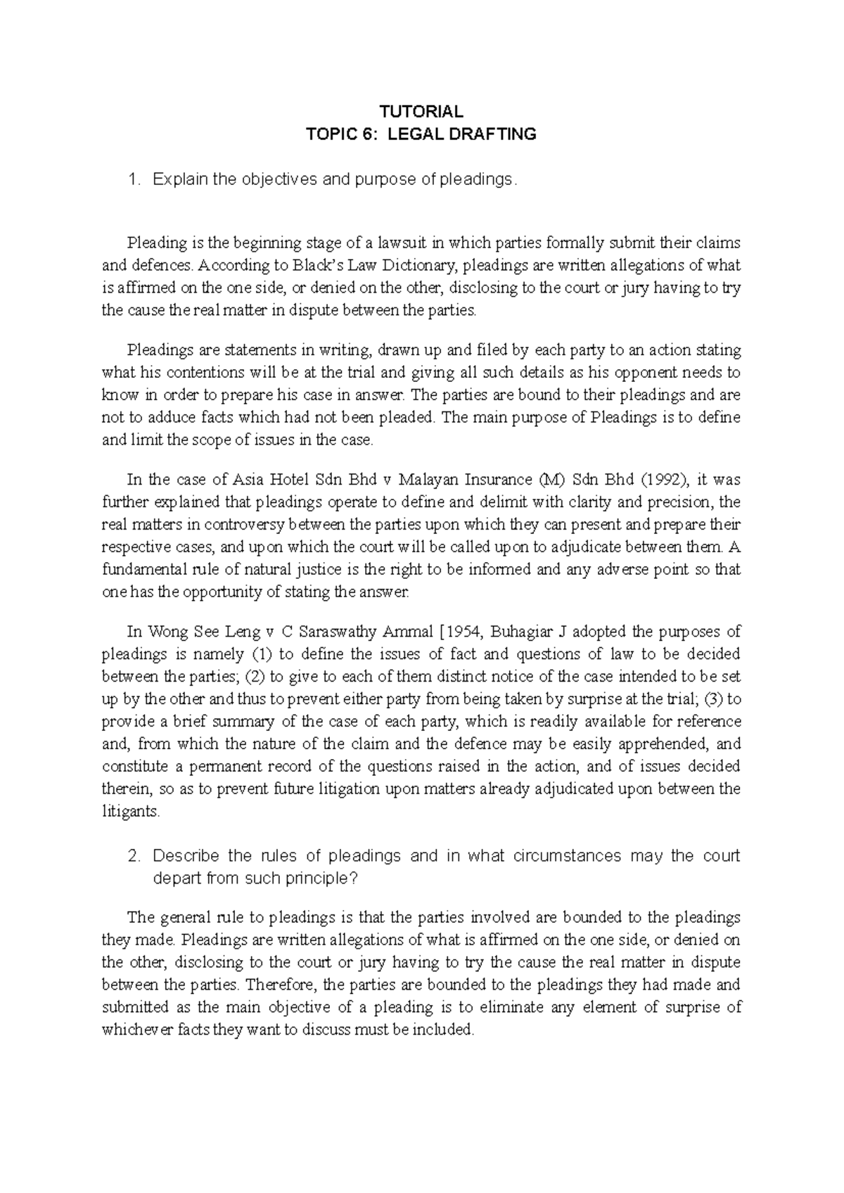 Tutorial Legal Drafting Answer - TUTORIAL TOPIC 6: LEGAL DRAFTING ...