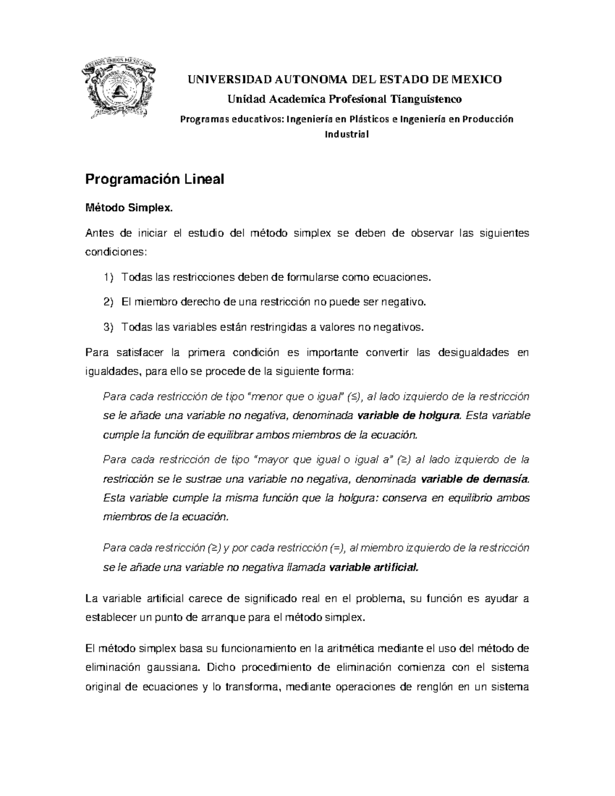 240221 metodo simplex-apuntes - UNIVERSIDAD AUTONOMA DEL ESTADO DE ...