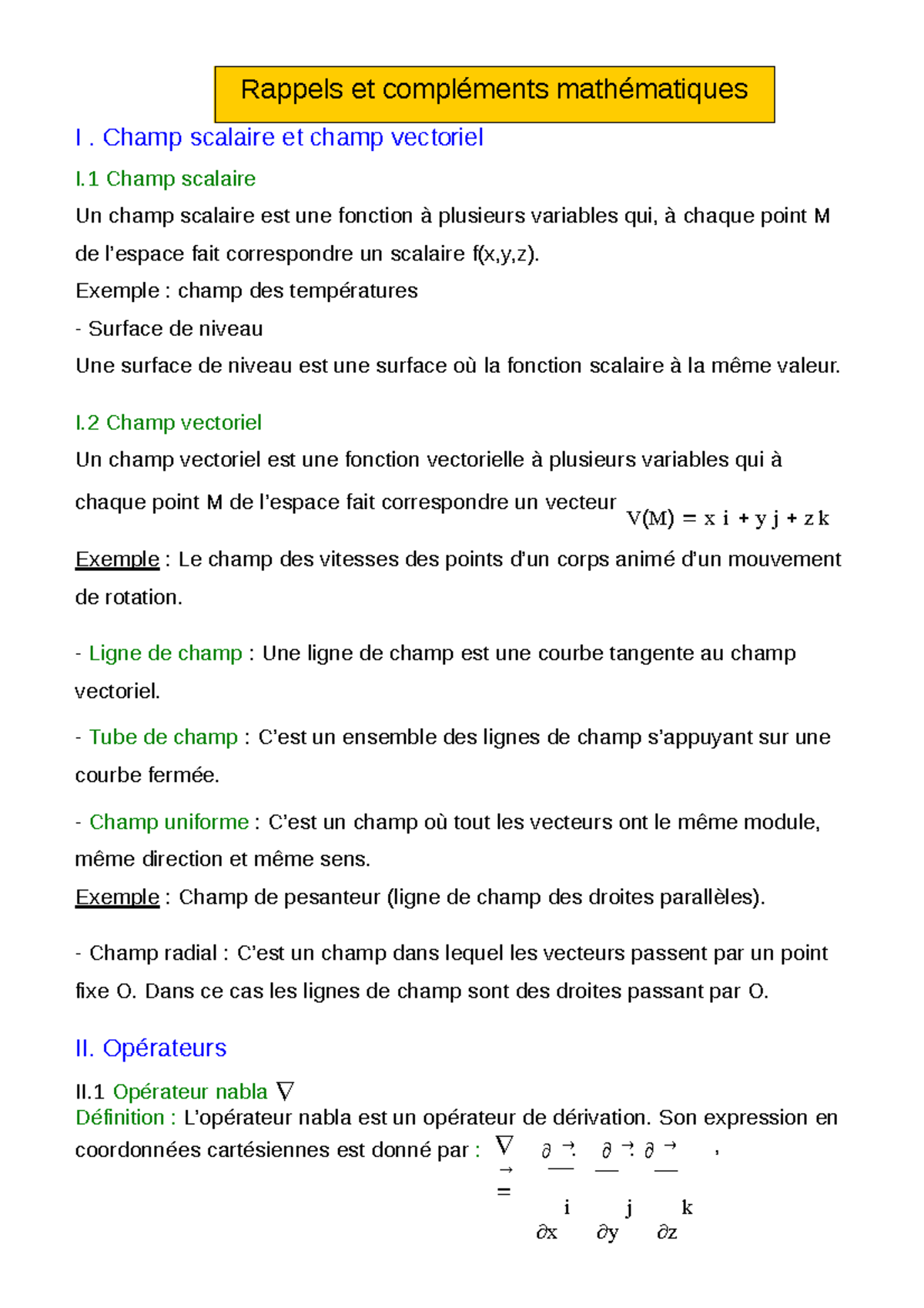 module d'électricité - ####### I. Champ scalaire et champ vectoriel I ...