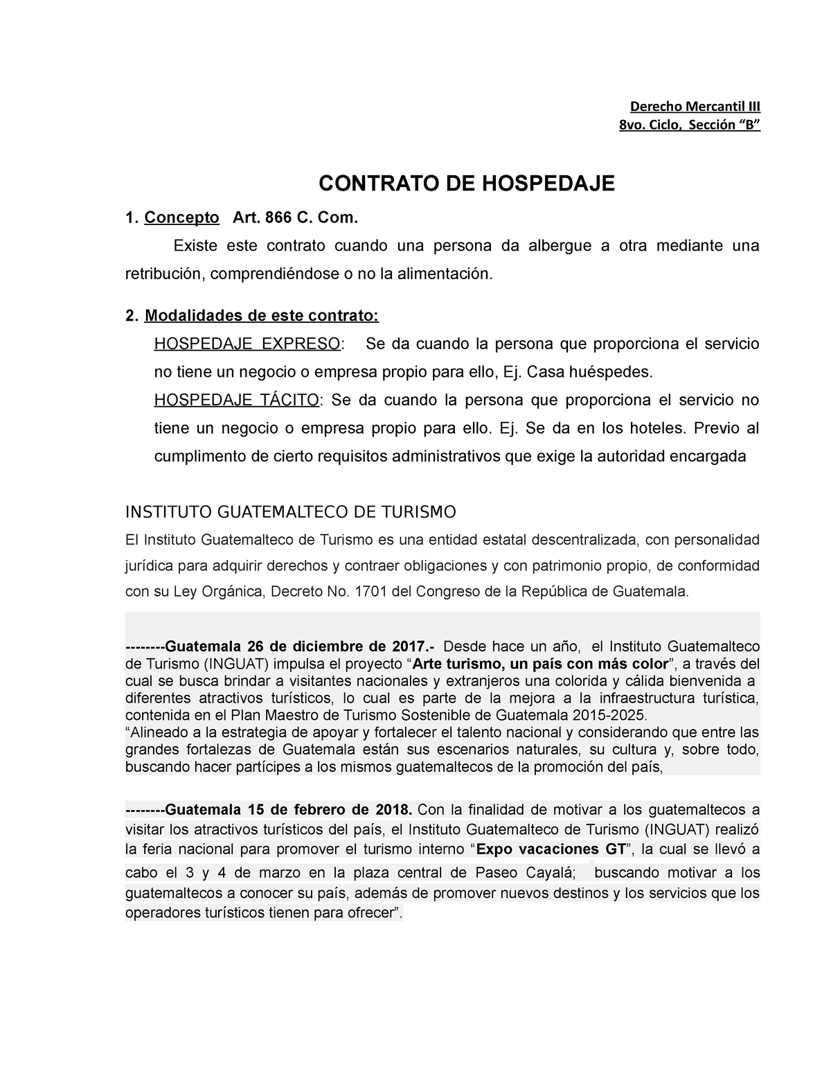 Contrato DE Hospedaje - Derecho Mercantil III 8vo. Ciclo, Sección “B ...