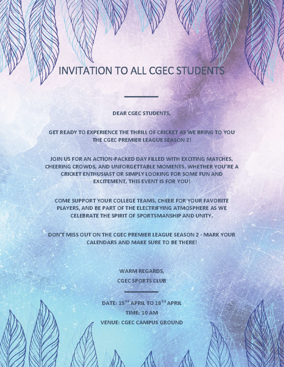 Invitation to the students - INVITATION TO ALL CGEC STUDENTS DEAR CGEC ...