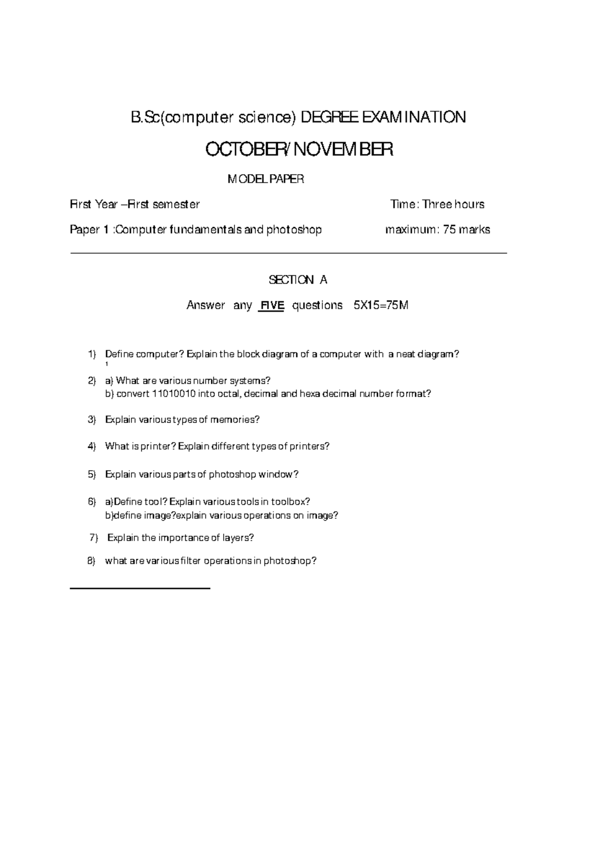 B. Sc Computer Science - B(com put er science) DEGREE EXAM INATION ...