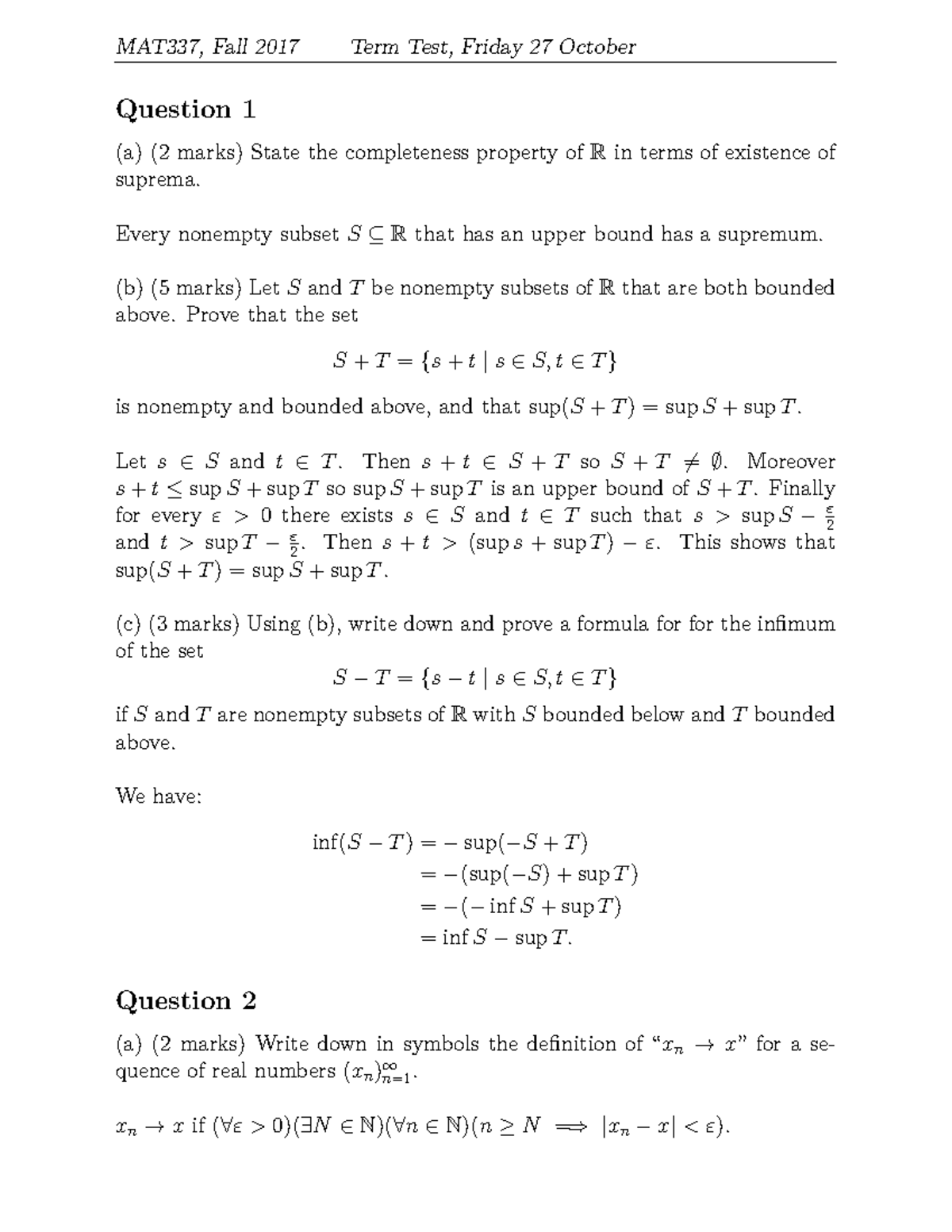 Midterm exam 27 October 2017, questions and answers - MAT337, Fall 2017 ...
