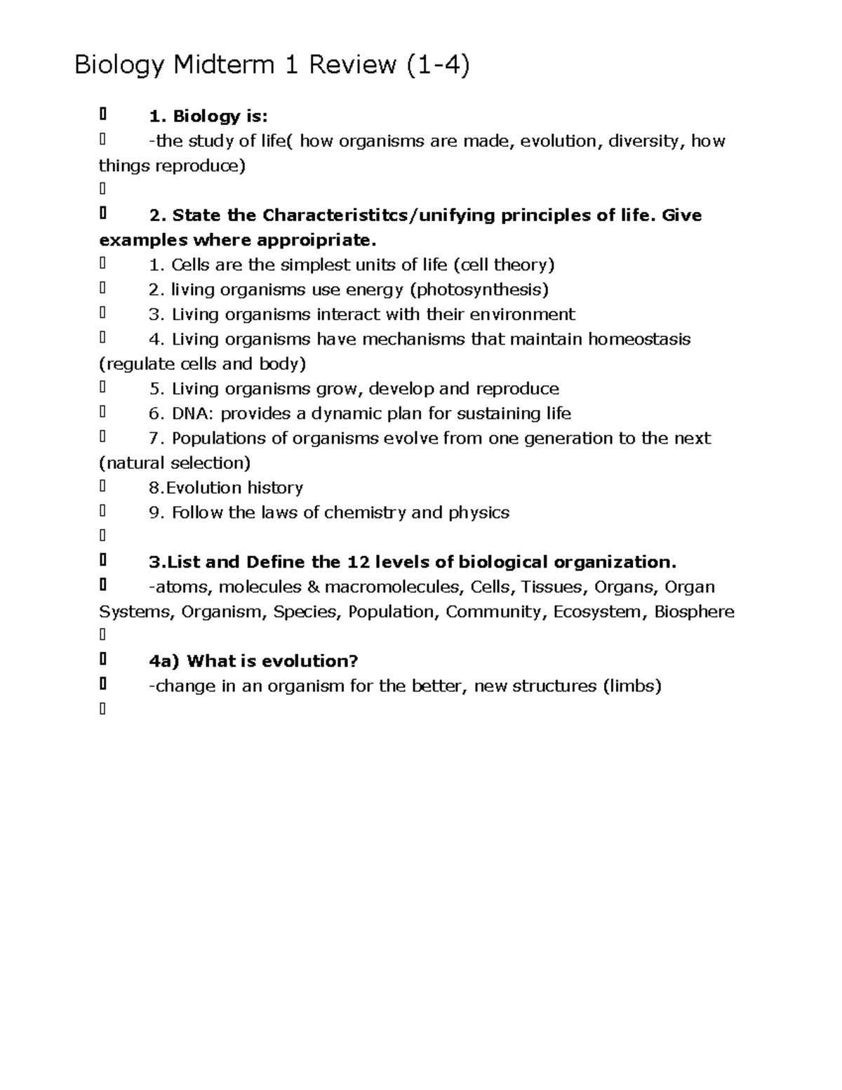 Biology Midterm 1 Review - Biology Midterm 1 Review (1-4) 1. Biology Is ...