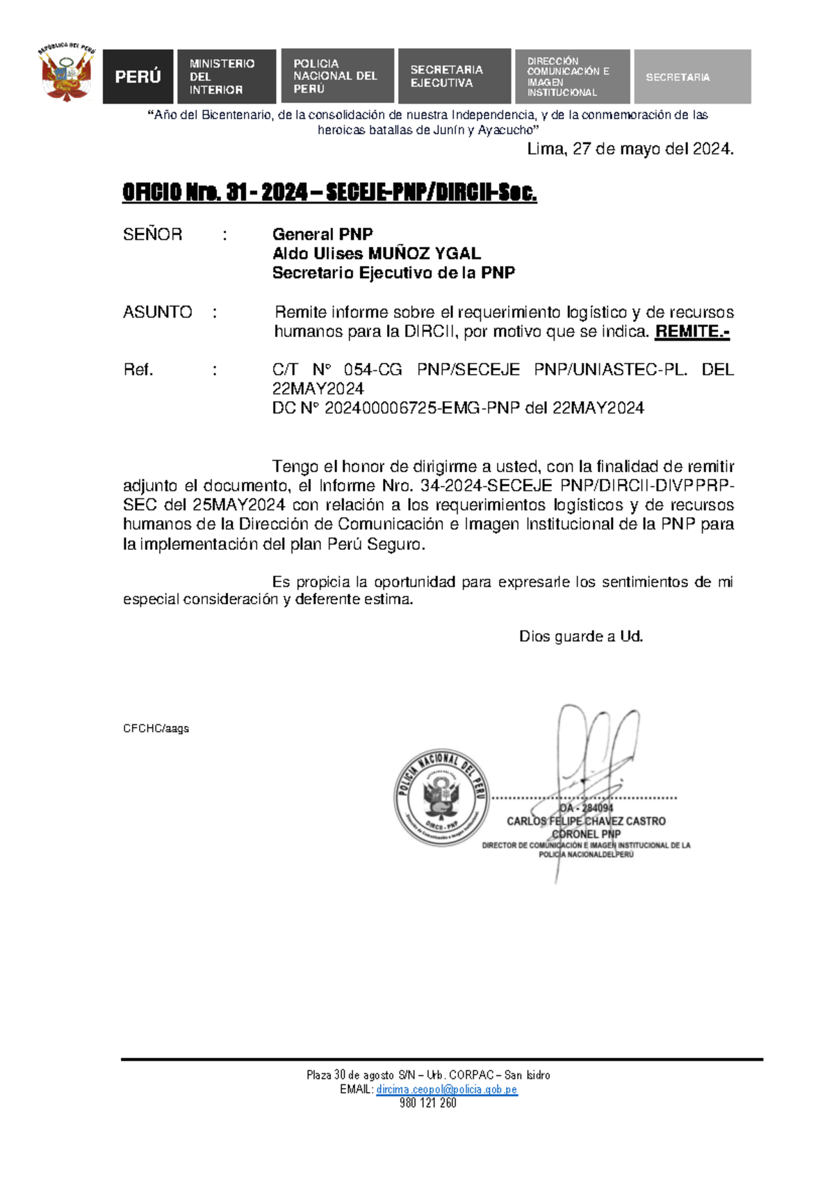 Oficio Remite Seceje - huhh - “Año del Bicentenario, de la ...