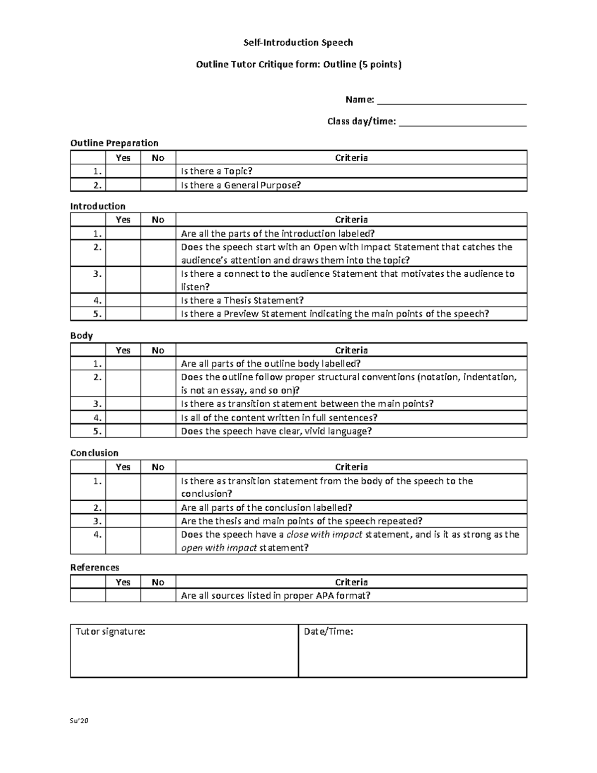 Self Intro Outline Tutor Critique form Chabot Su'20 - Self-Introduction ...