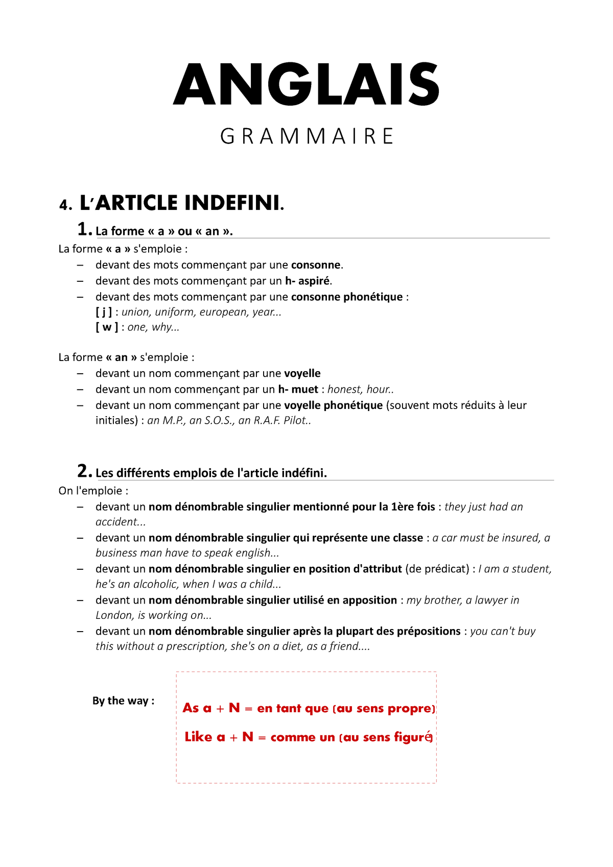 4 L Article Indefini Grammaire Anglais Studocu