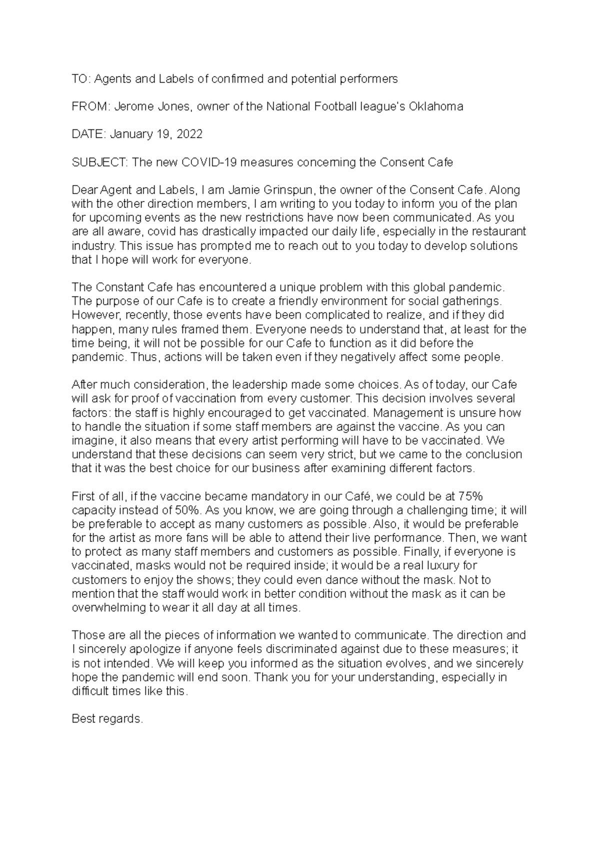 001 Memo essay final TO Agents and Labels of confirmed and potential