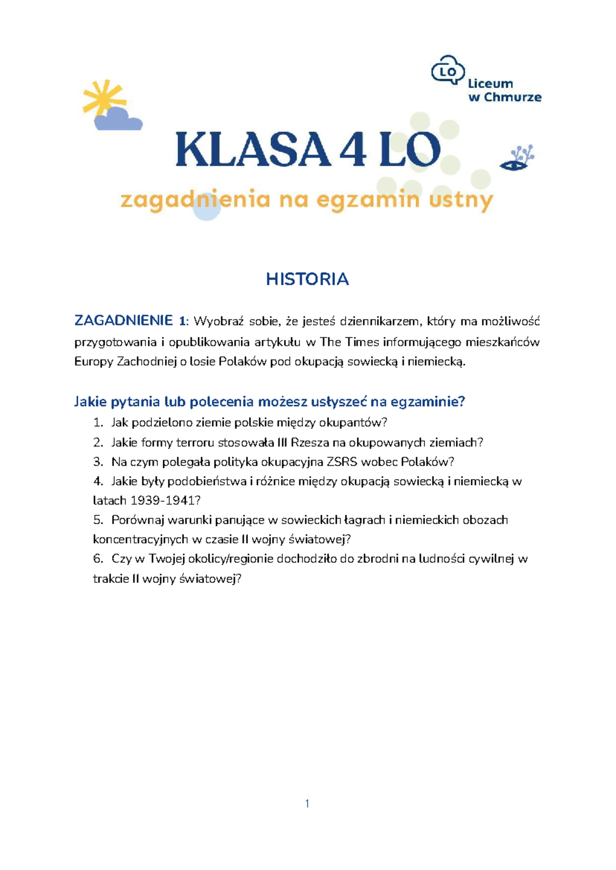Zagadnienia na egzamin ustny - Klasa 4 LO (podstawa) - HISTORIA