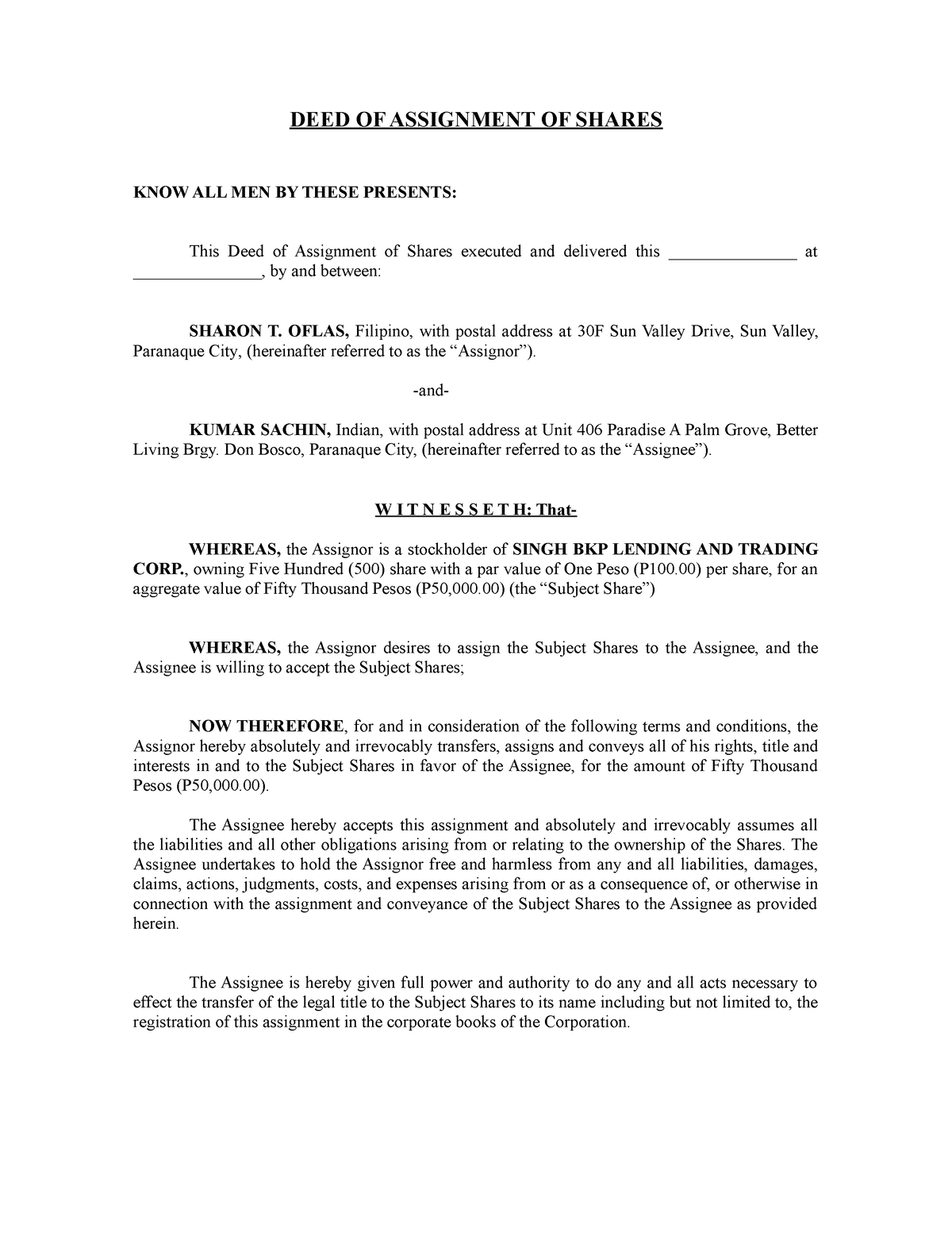 deed of assignment of shares of stocks philippines