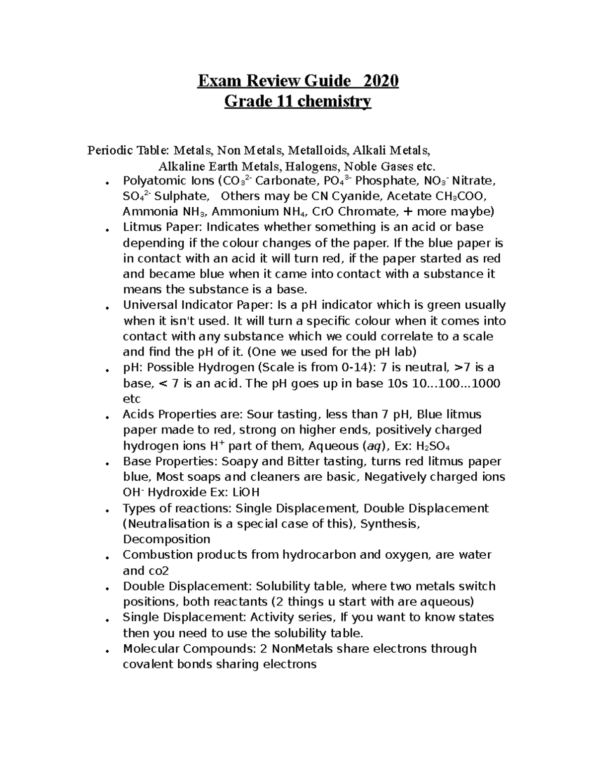 Exam - Exam Notes - Exam Review Guide 2020 Grade 11 chemistry Periodic ...