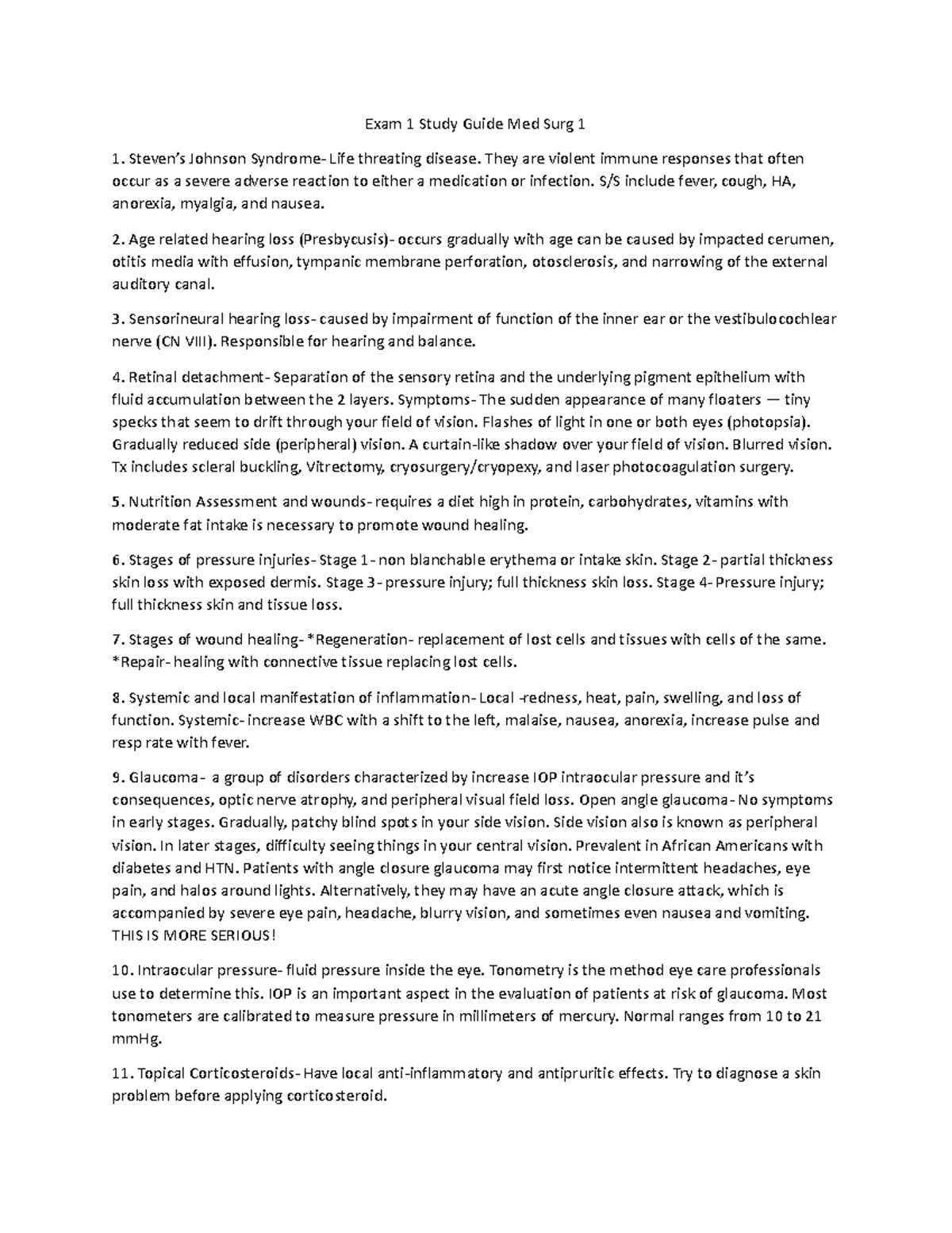 MED SURG 1 Study Guide EXAM 1 - Exam 1 Study Guide Med Surg 1 Steven’s ...