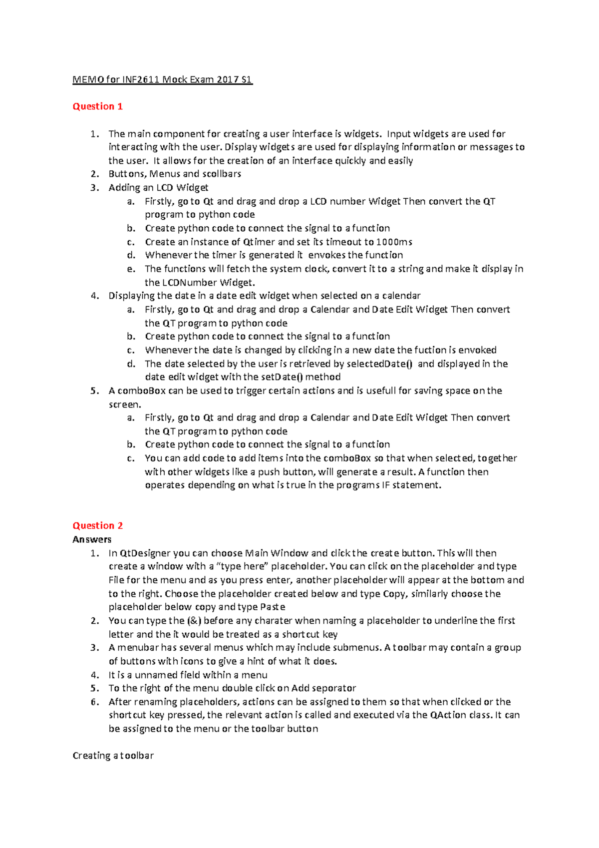 Sample/practice exam May 2017, questions and answers - MEMO for INF2611 ...