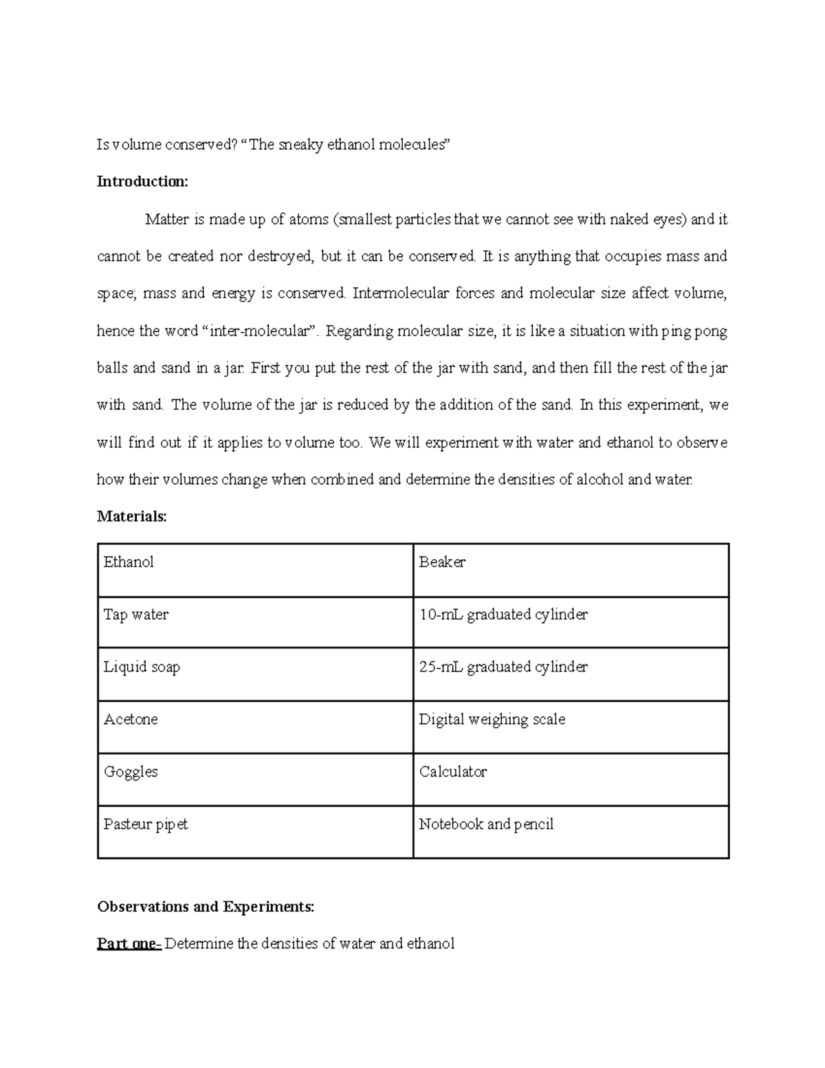 Lab 2 Lab 2 volume ethanol water density Is volume conserved?