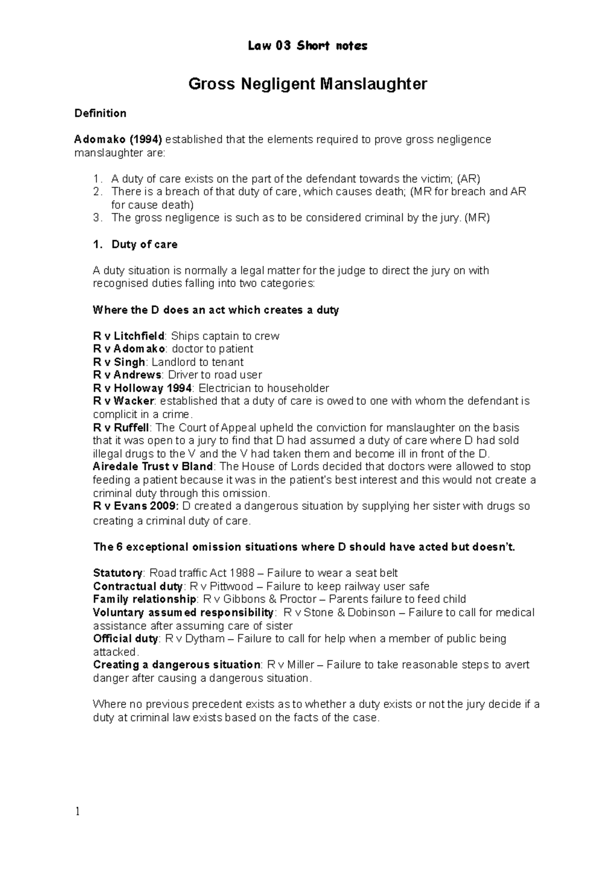 Gross negligence manslaughter notes Law 03 Short notes Gross