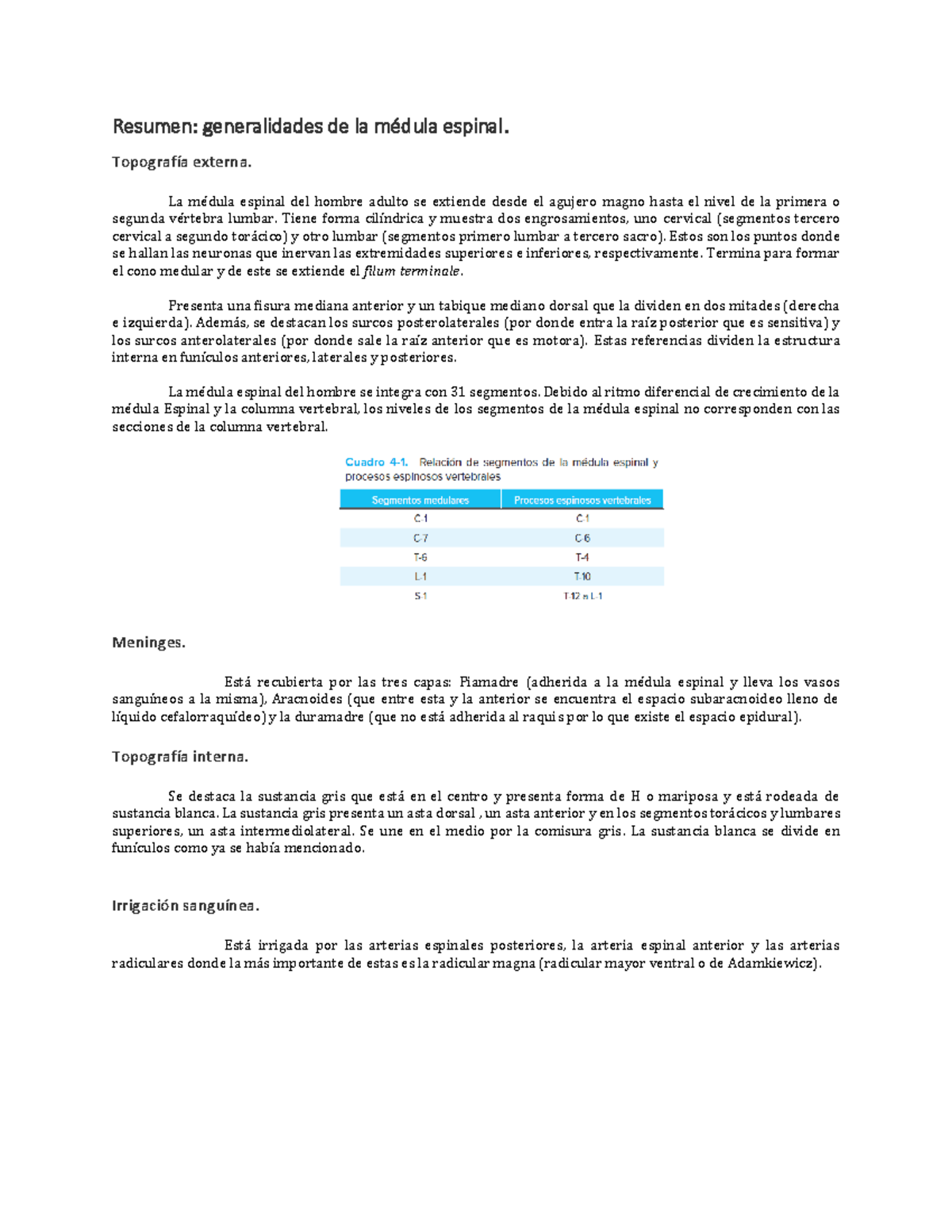 Resumen Generalidades de la médula espinal TopografÌa externa. La