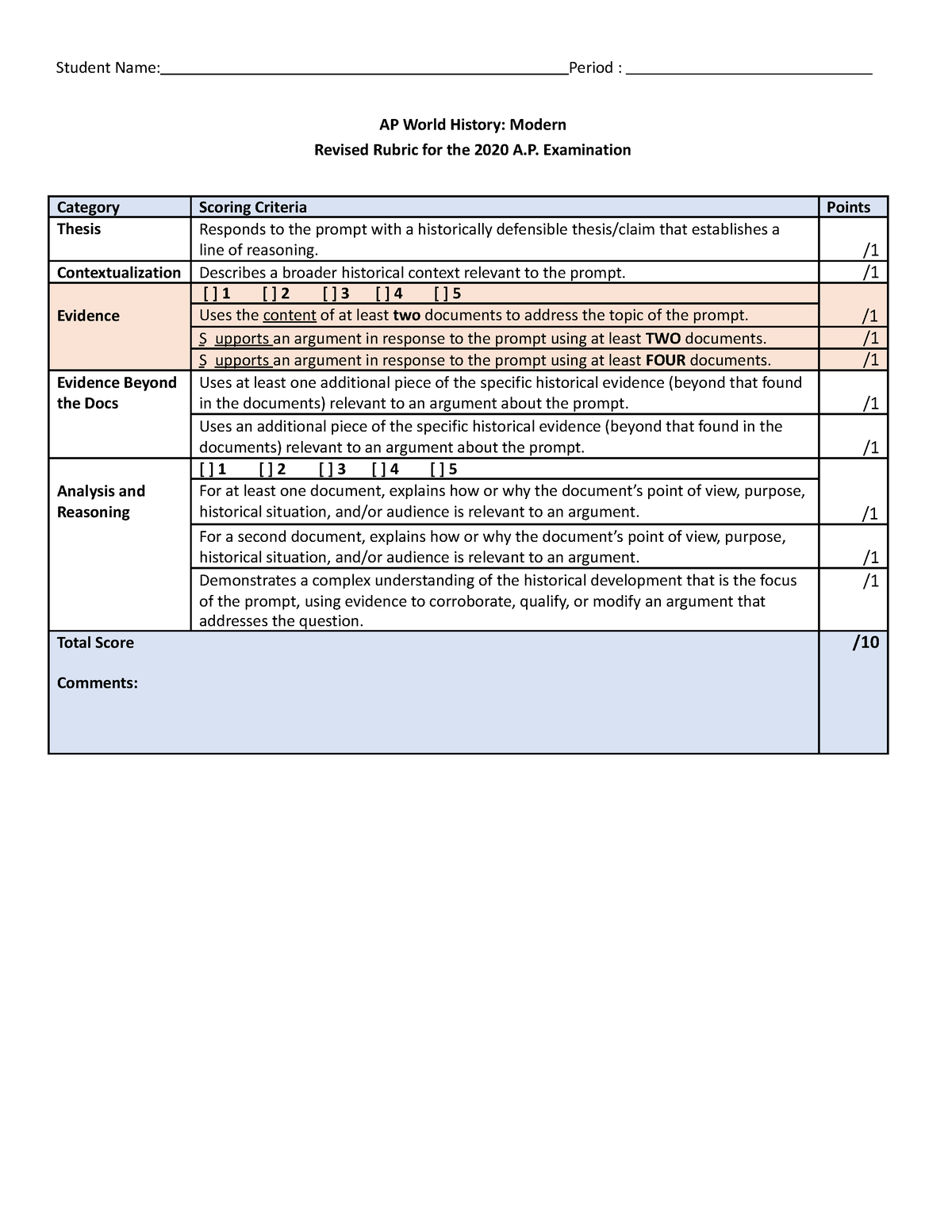 Final Adapted DBQ Rubric Student Name Period AP World History