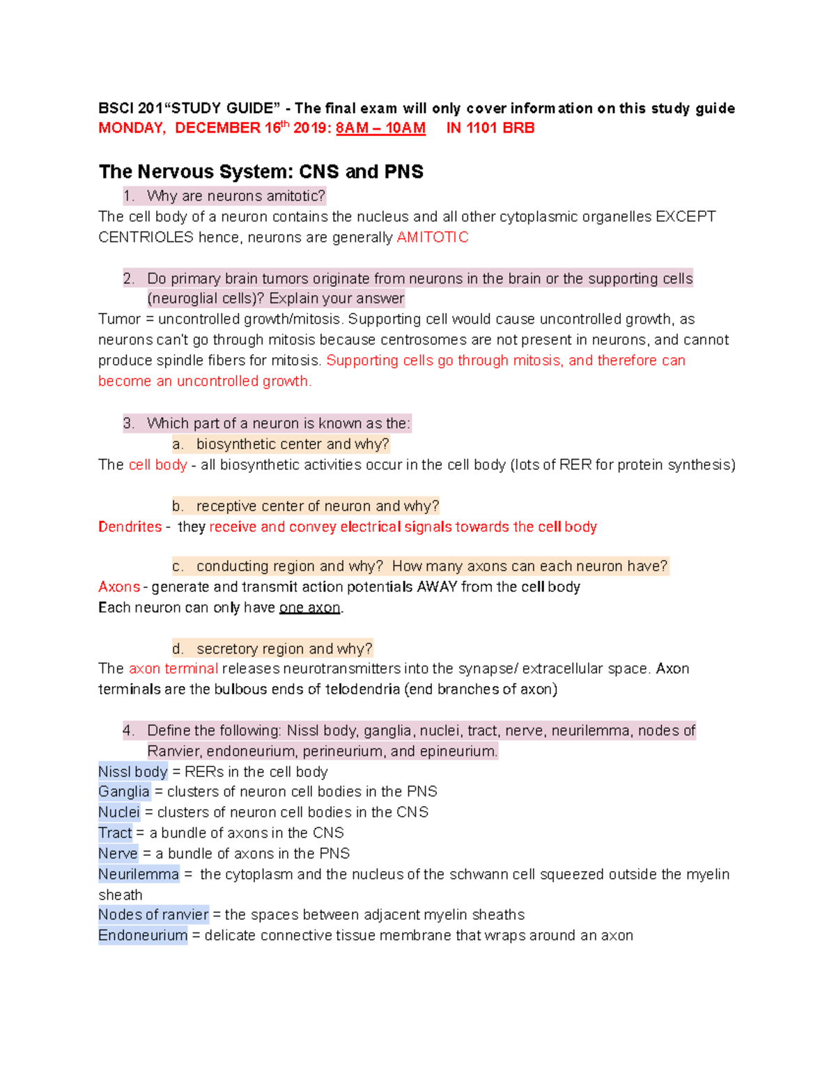 Anatomy Final Review Sheet - BSCI 201“STUDY GUIDE” - The Final Exam ...