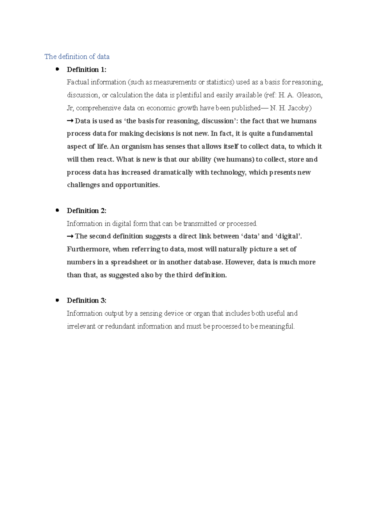 2501 W1 Note - Lecture notes 1 - The definition of data Definition 1 ...