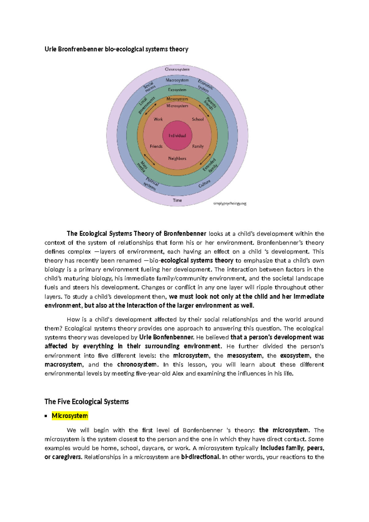 Bonfrenbenner Bio-Ecological Systems Theory - Urie Bronfrenbenner bio ...