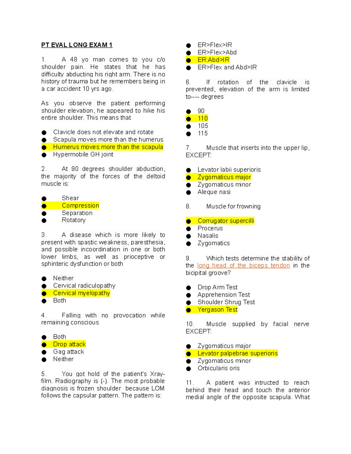 Physical Therapy Evaluation Quizzes - PT EVAL LONG EXAM 1 A 48 Yo Man ...