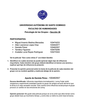 Ejercicio vivencial Unidad 5 - UNIVERSIDAD AUTÓNOMA DE SANTO DOMINGO  FACULTAD DE HUMANIDADES - Studocu