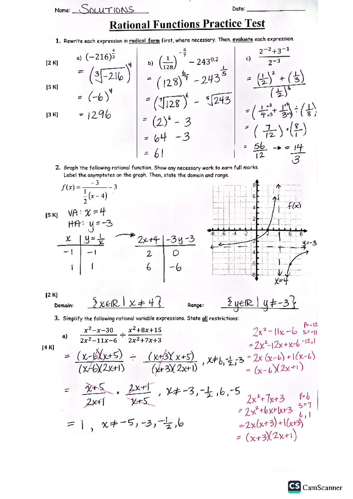 Solutions - Rational Functions Practice Test - CamScanner CamScanner ...