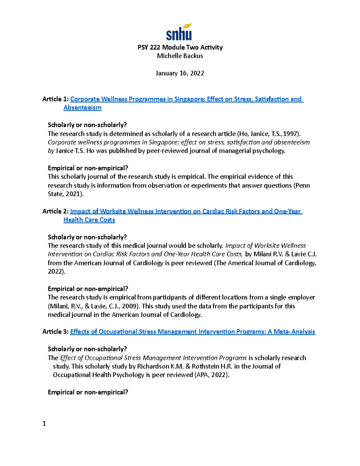 PSY 222 2-2 Research Paper - PSY 222 Module Two Activity Michelle