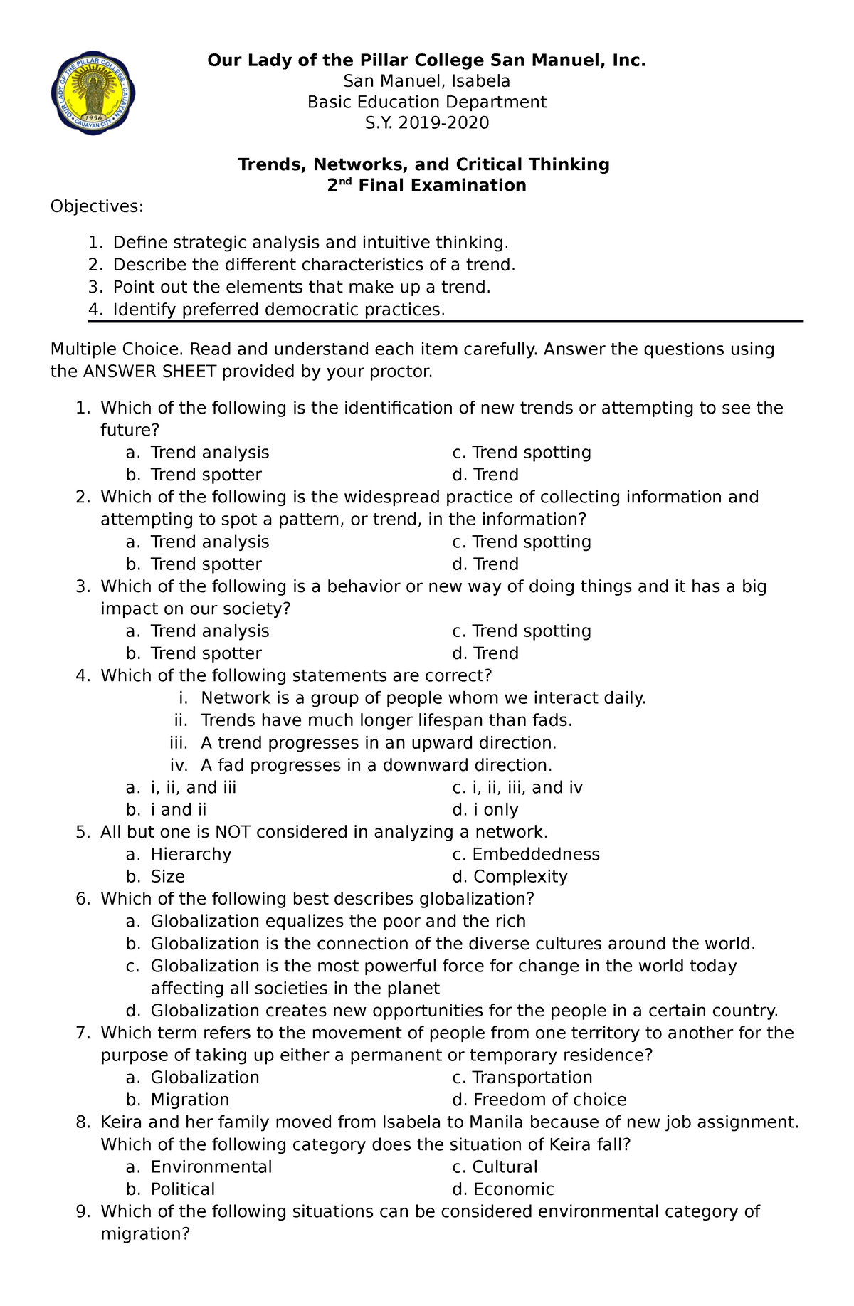 philosophy critical thinking final exam