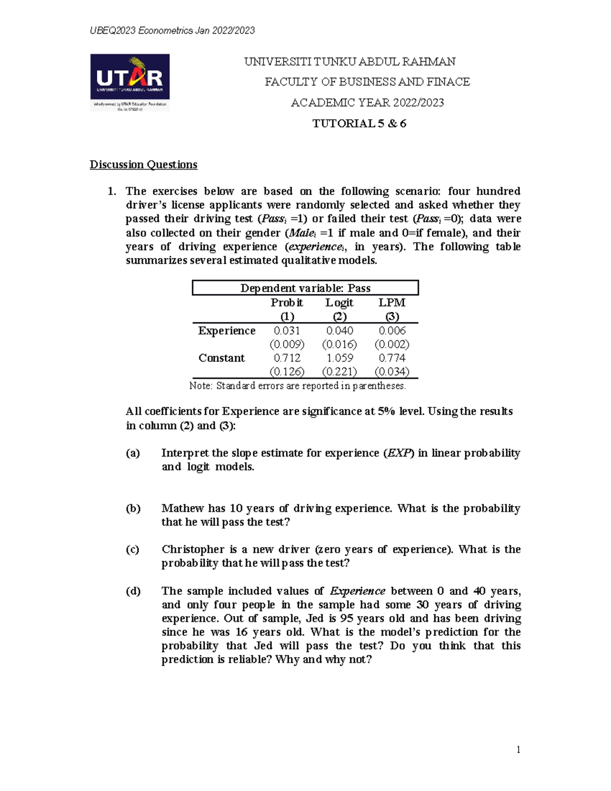 Tutorial Week 5 6 Faculty Of Business And Finance Ubeq2023 Econometrics Jan 2022 Tutorial Week 5 6 Faculty Of Business And Finance Ubeq2023 Econometrics Jan 2022