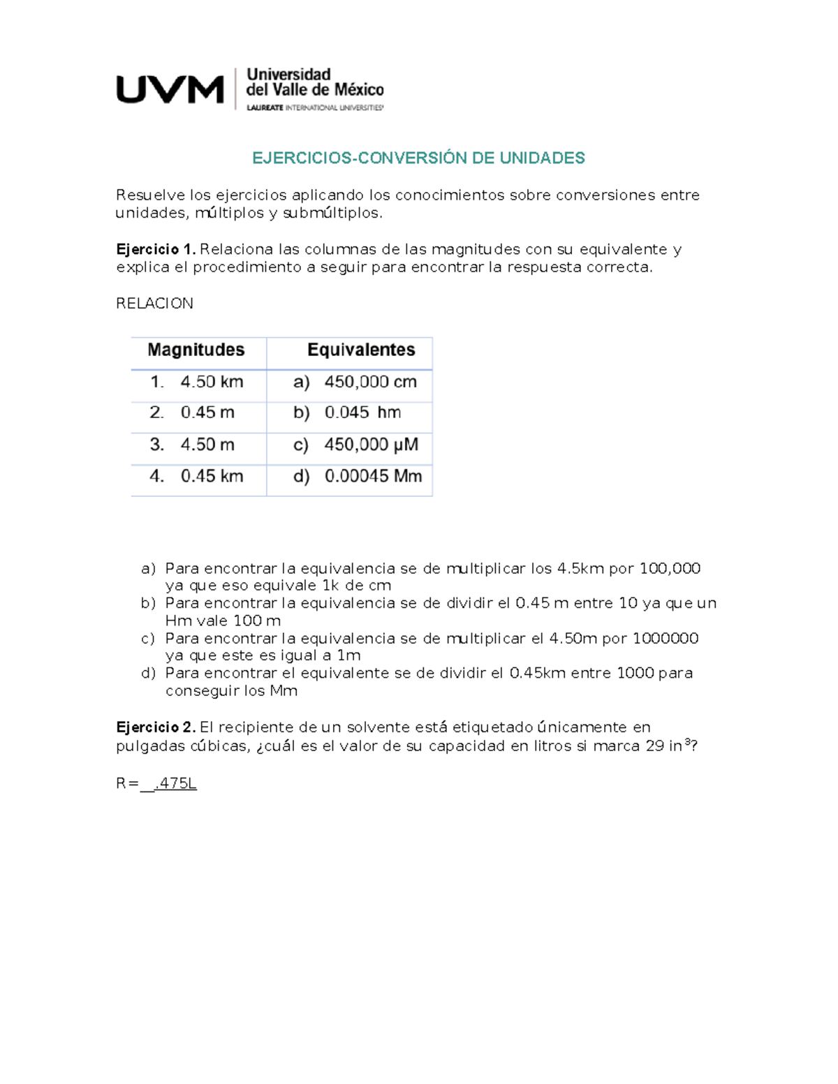 Metrologia Actividad 1 - EJERCICIOS-CONVERSIÓN DE UNIDADES Resuelve Los ...