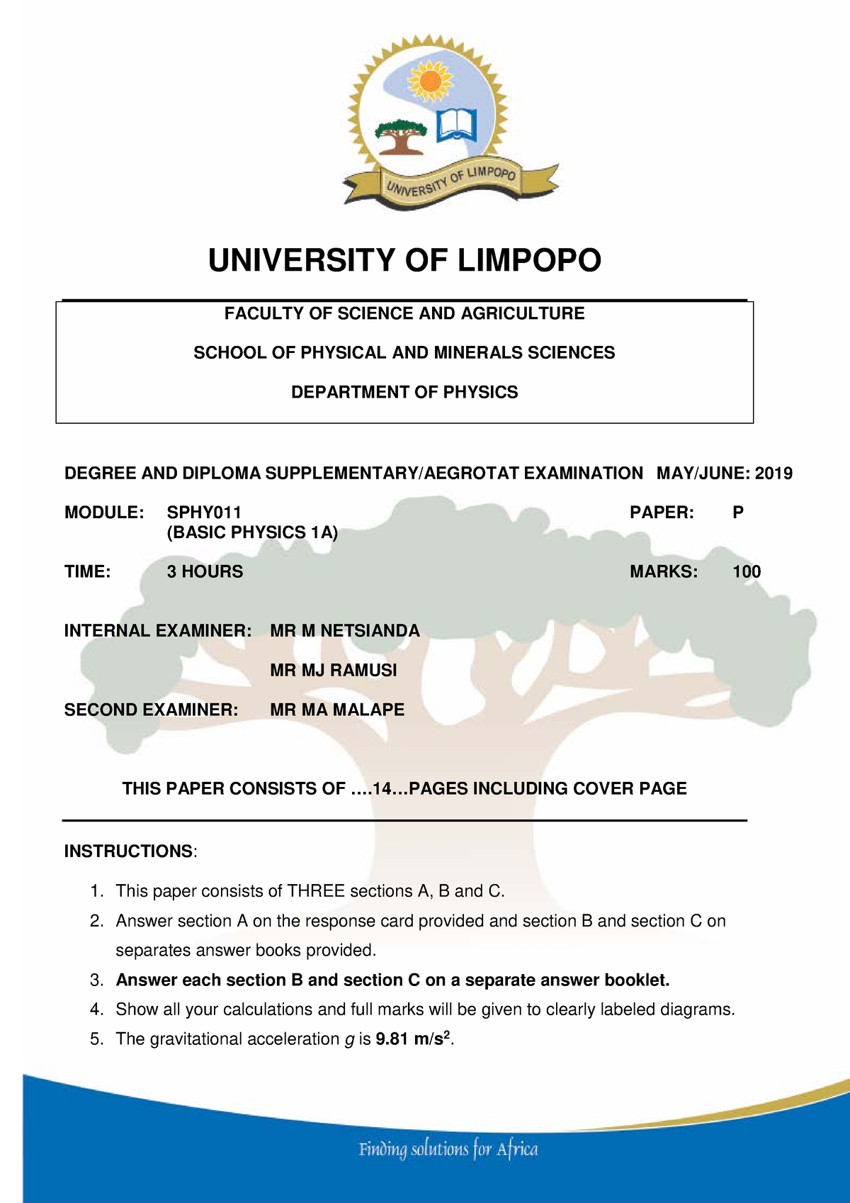 SPHY011 Supp Exam 2019 - UNIVERSITY OF LIMPOPO FACULTY OF SCIENCE AND ...