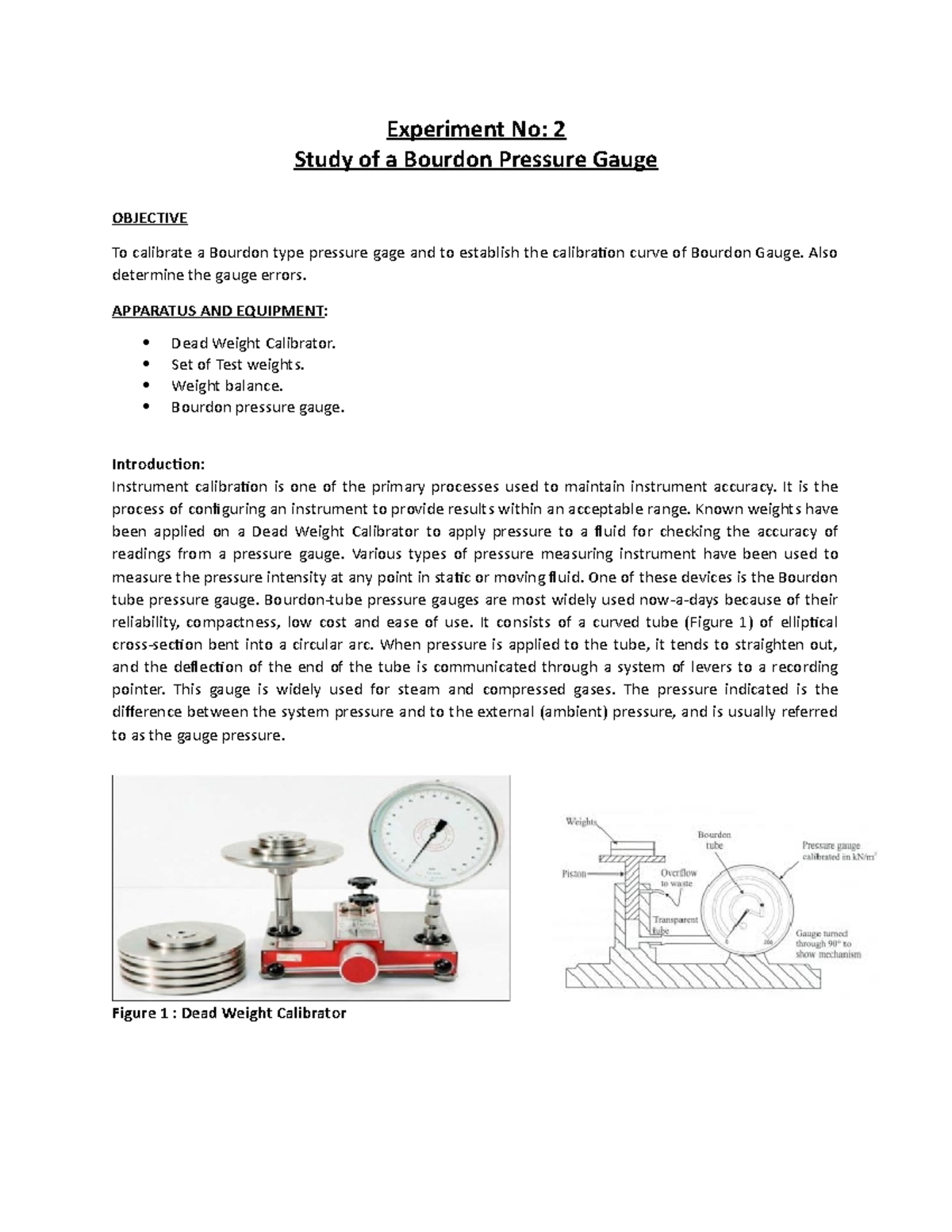 Experiment No 2 (Done) Answer Experiment No 2 Study of a Bourdon Pressure Gauge OBJECTIVE