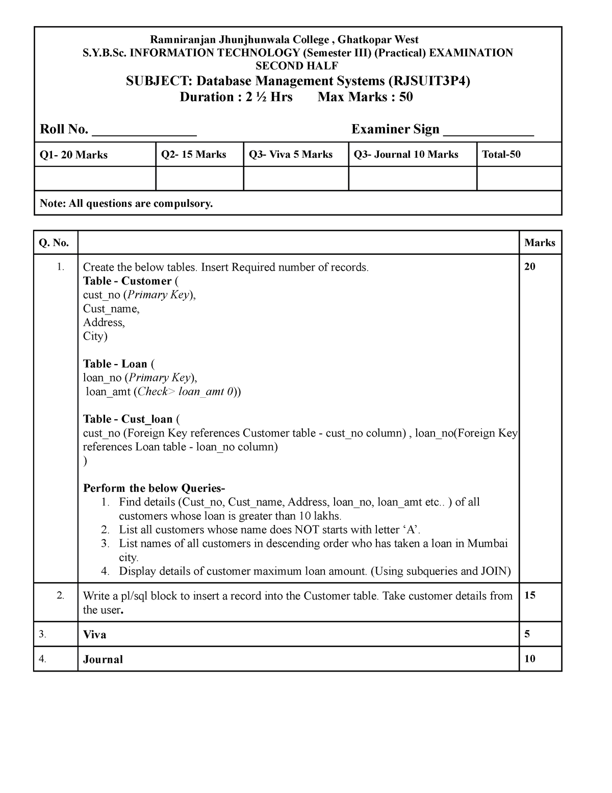 DBMS Practical Slip OCT22-23 - S.Y.B. INFORMATION TECHNOLOGY (Semester ...