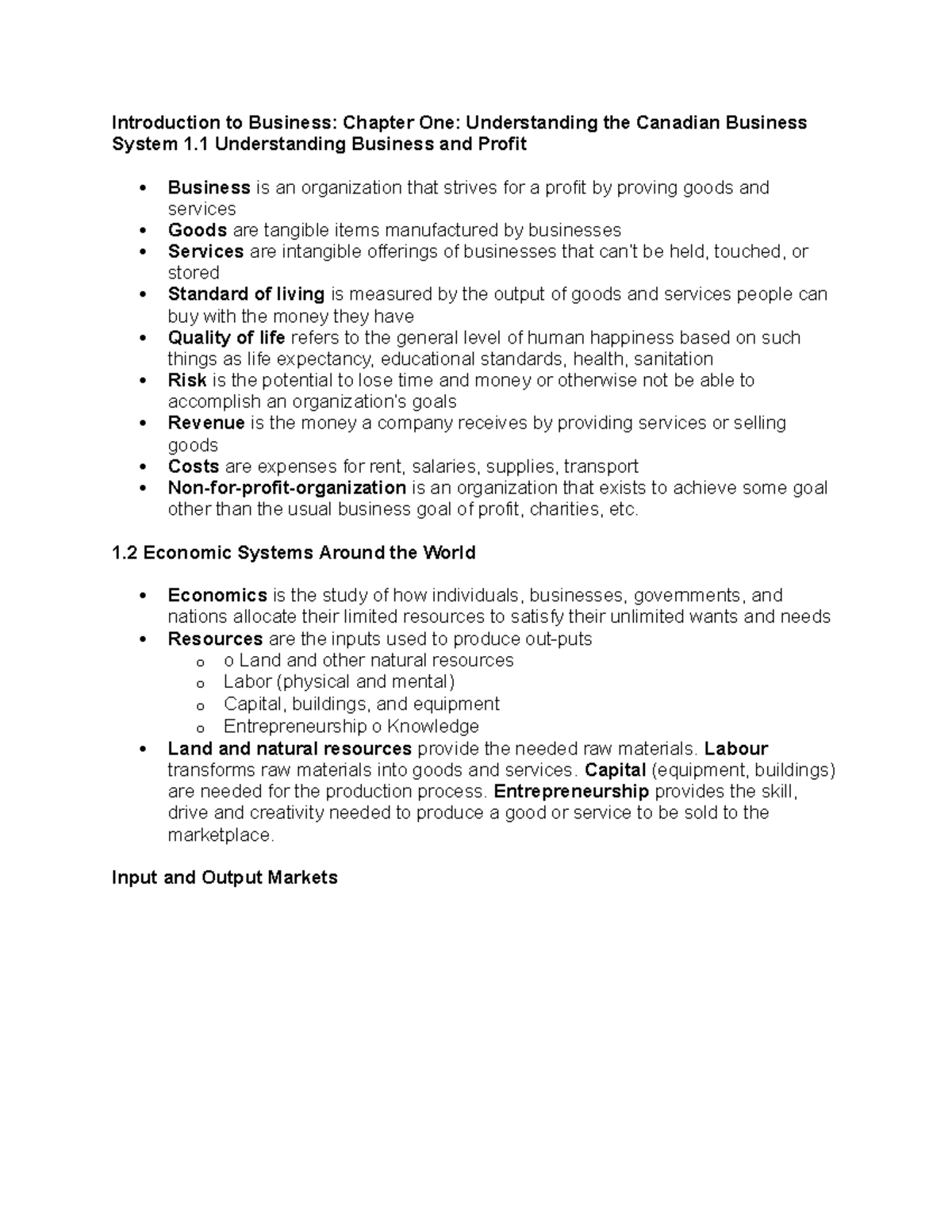 MGMT*1000 Notes Part 1 - Introduction to Business: Chapter One ...
