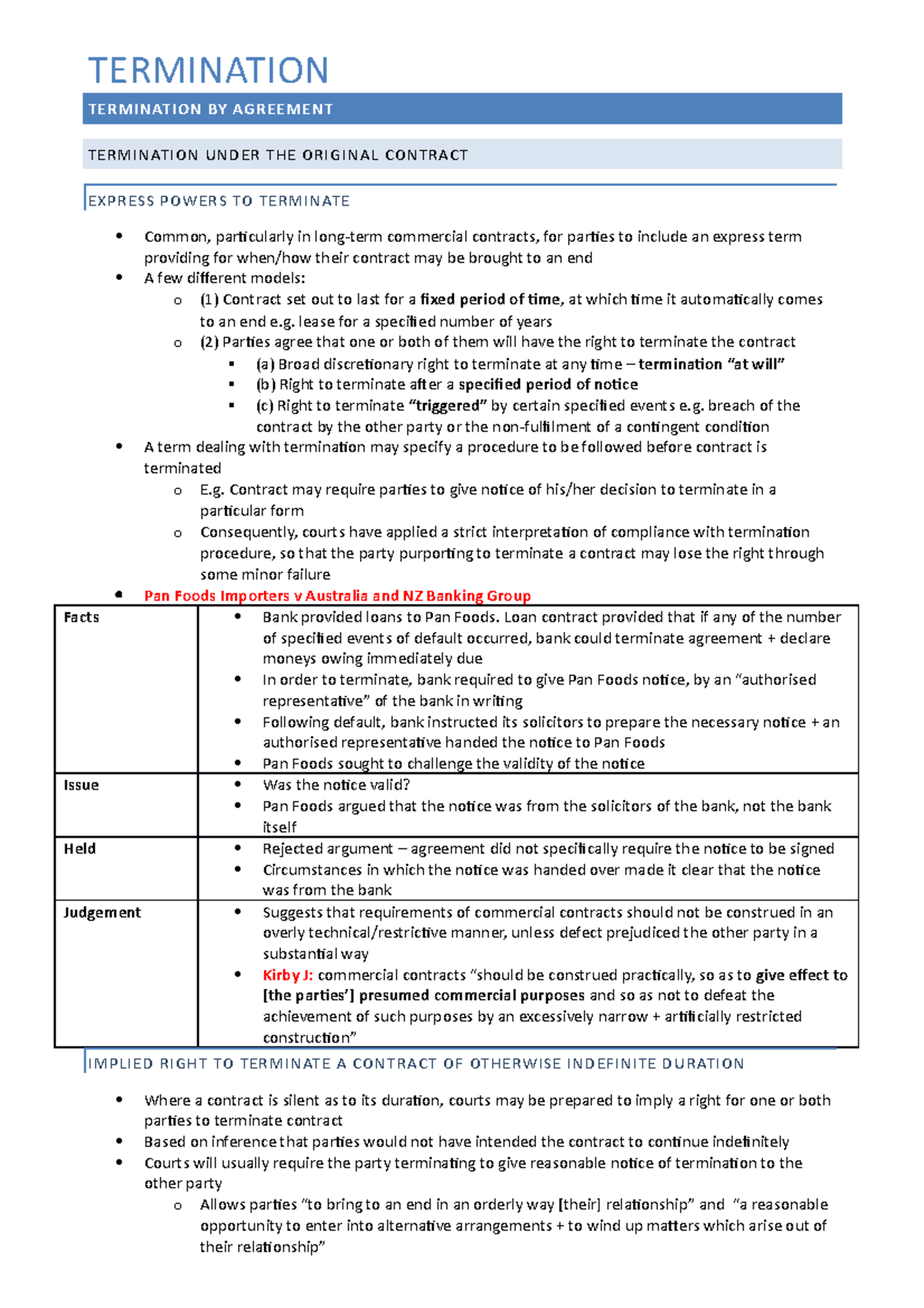 Contracts Weeks 4 7 - Lecture Notes 4-7 - TERMINATION TERMINATION BY ...