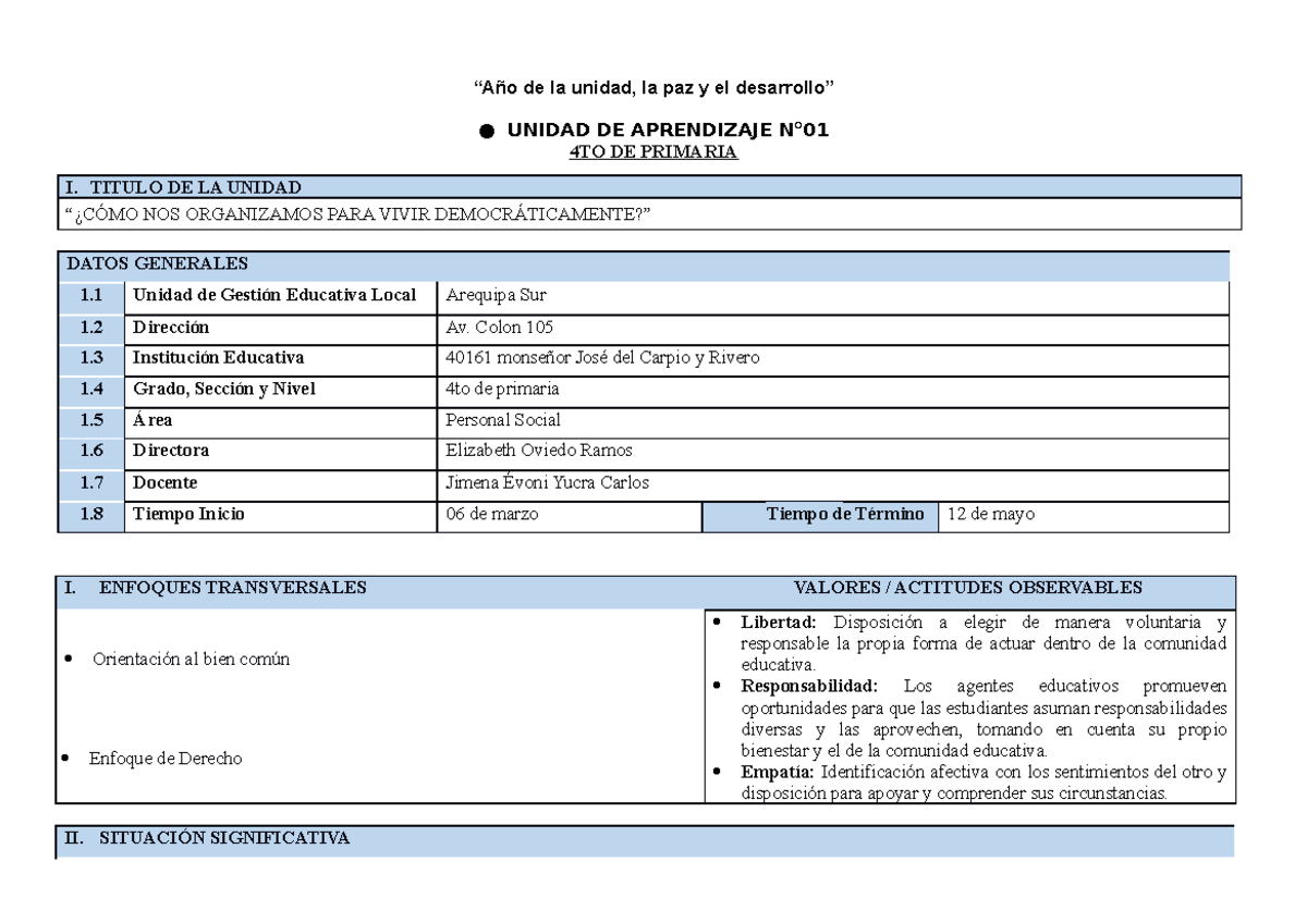 Unidad DE Aprendizaje N01-4TO Primaria - UNIDAD DE APRENDIZAJE N° 4TO ...