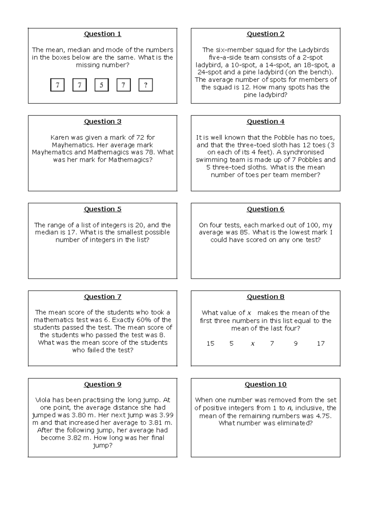 Averages and Range Maths Challenge Questions - Question 1 The mean ...