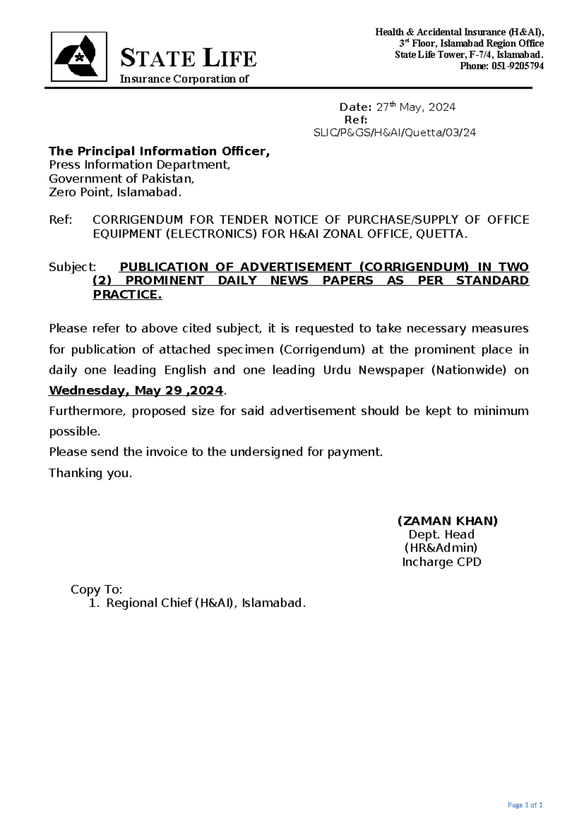 PID Cover letter for Corrigendum Advertisment Newspaper dated 27 - Date ...