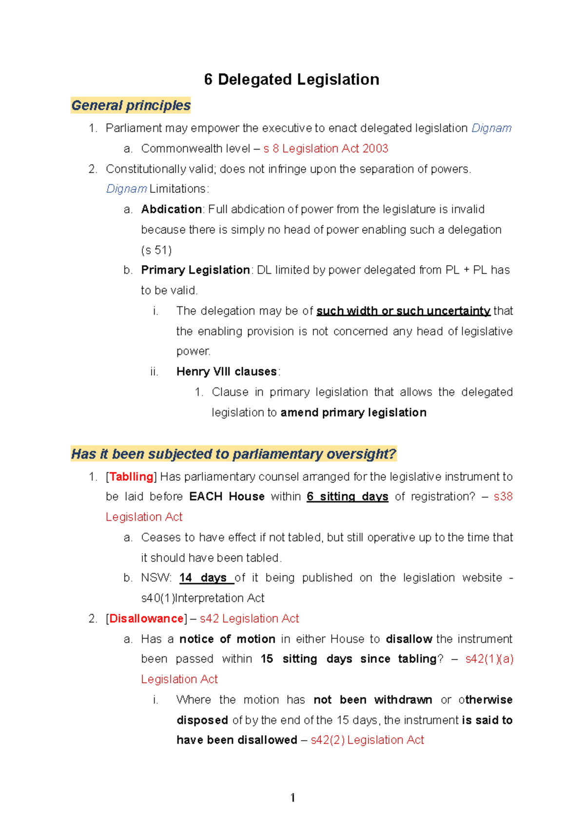 Sample Public Law Final Notes - 6 Delegated Legislation General ...