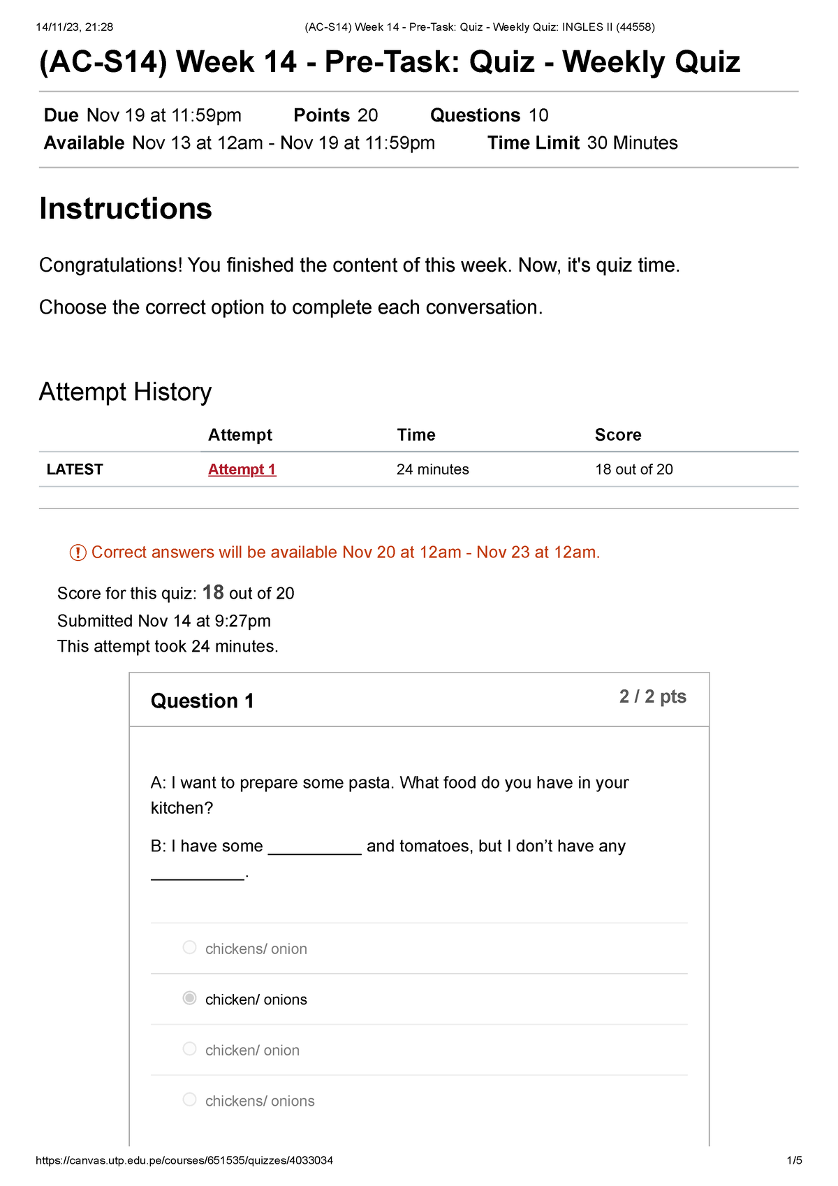 (AC-S14) Week 14 - Pre-Task Quiz - Weekly Quiz Ingles II (44558) - (AC ...