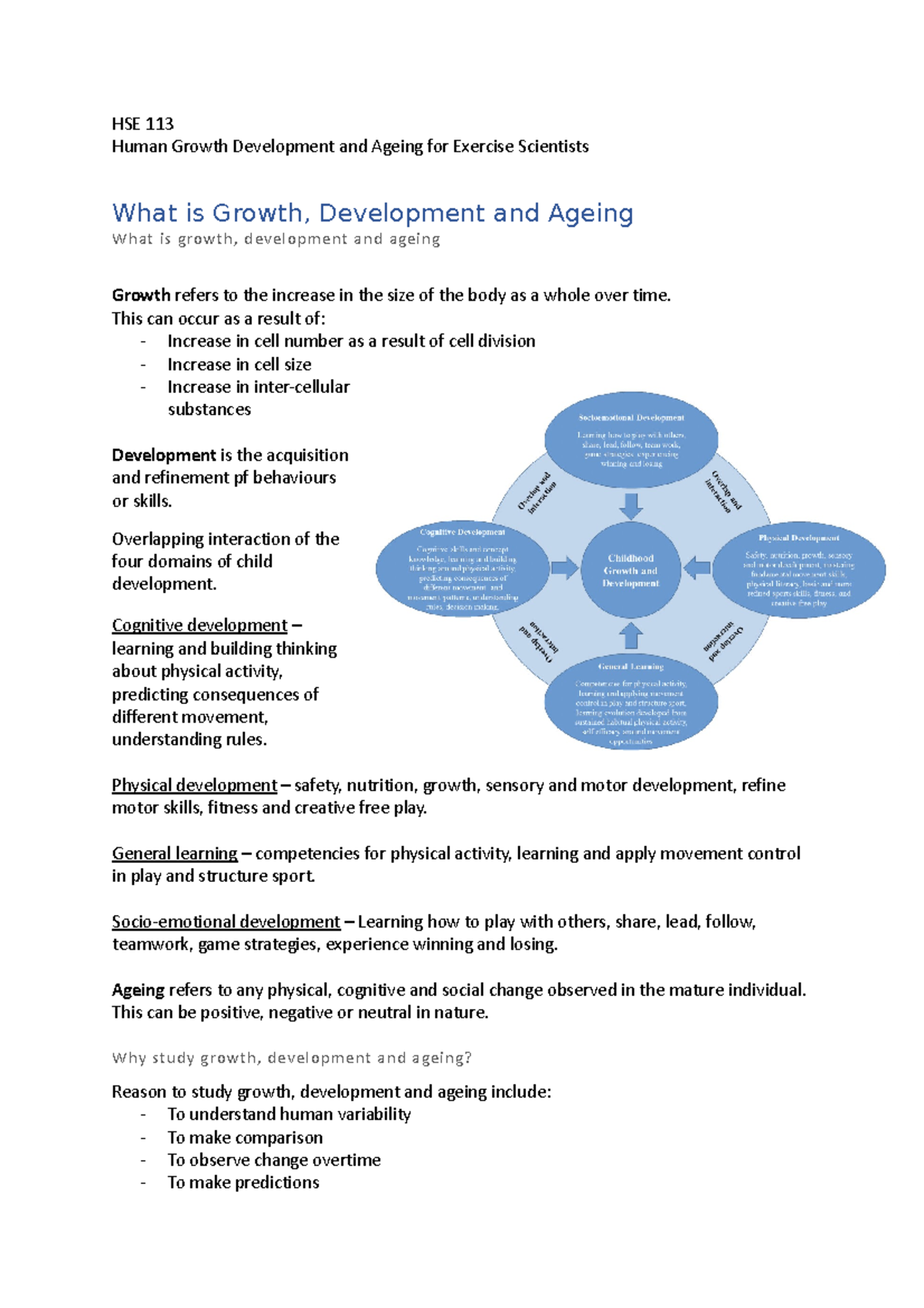 HSE-113 summary - complete course work notes - HSE 113 Human Growth ...