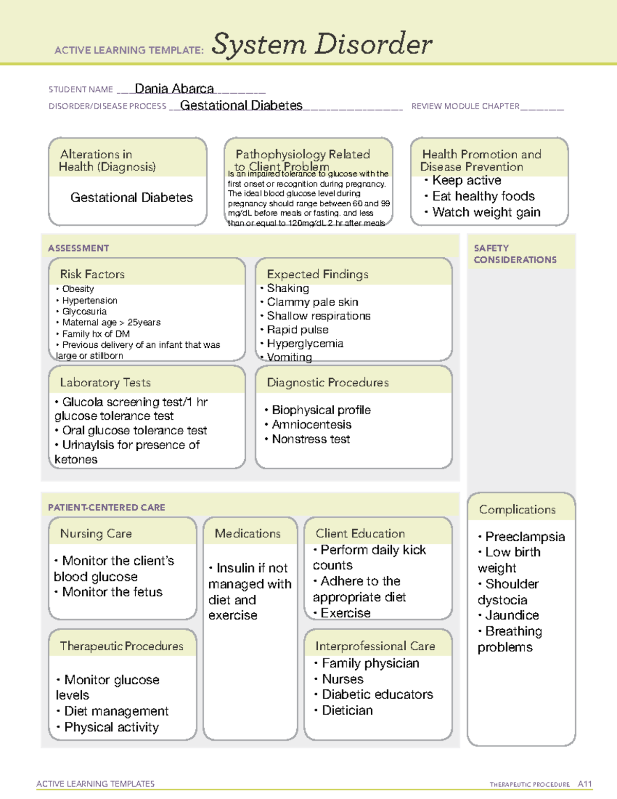 Gestational diabetes ATI ACTIVE LEARNING TEMPLATES THERAPEUTIC