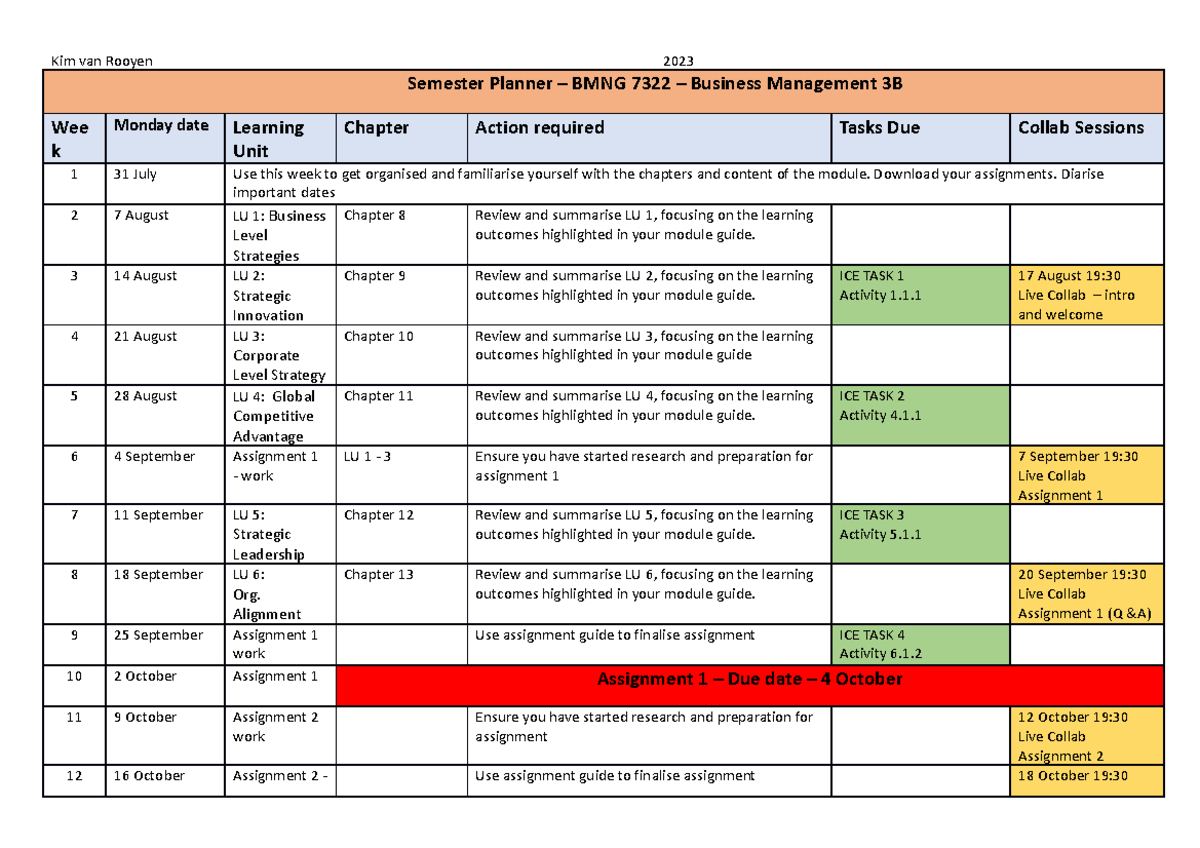 BMNG 7322W - Semester 2 Planner 2023 - Kim van Rooyen 2023 Semester ...