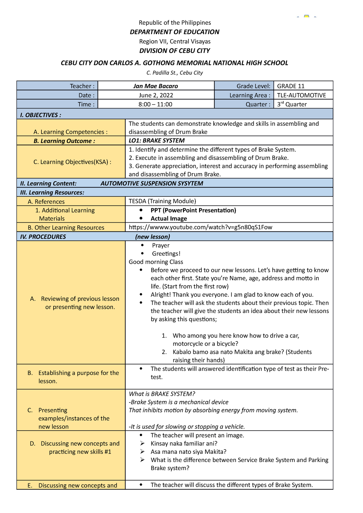 DLP 2 - Detailed Lesson Plan - Republic Of The Philippines DEPARTMENT ...