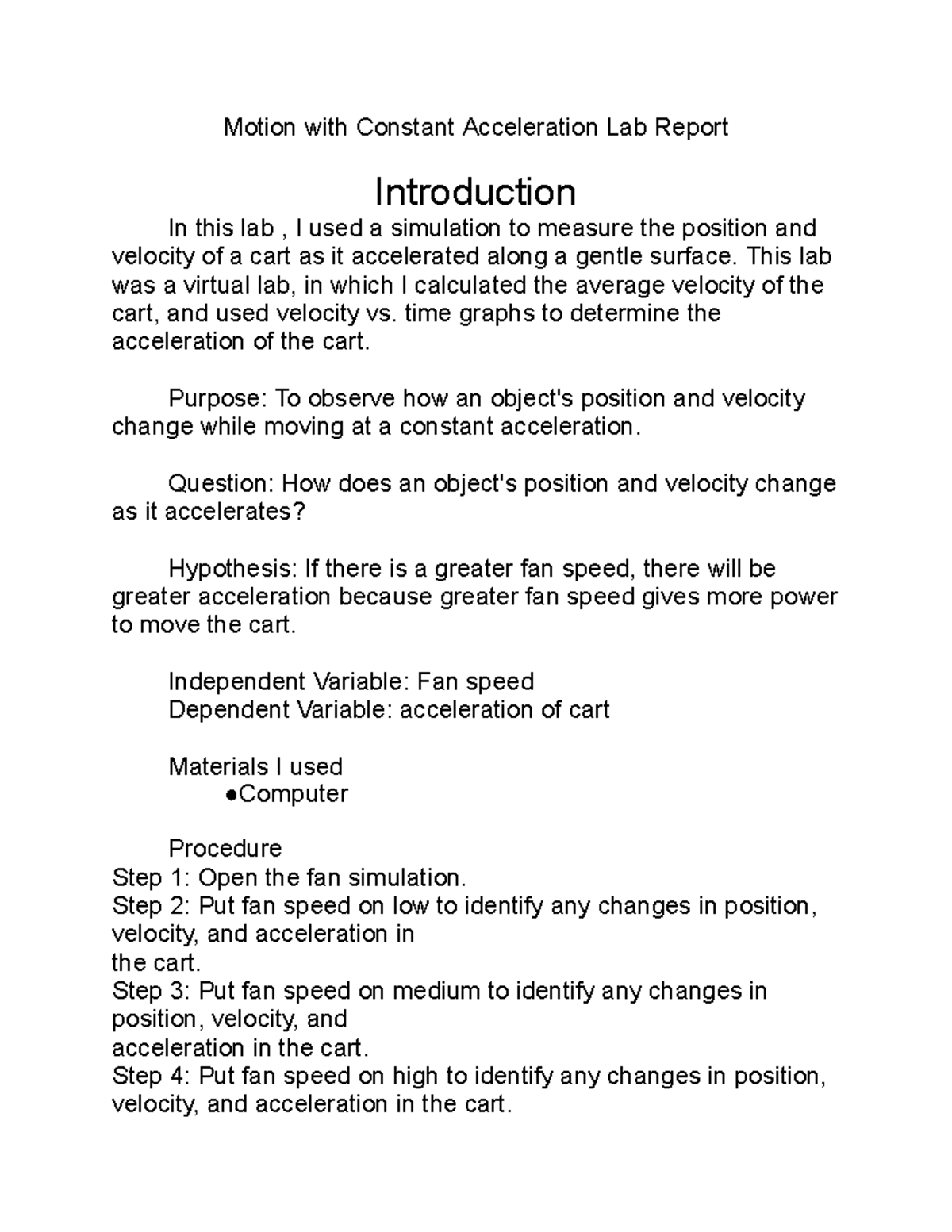 LAB answers for lab Motion with Constant Acceleration Lab Report