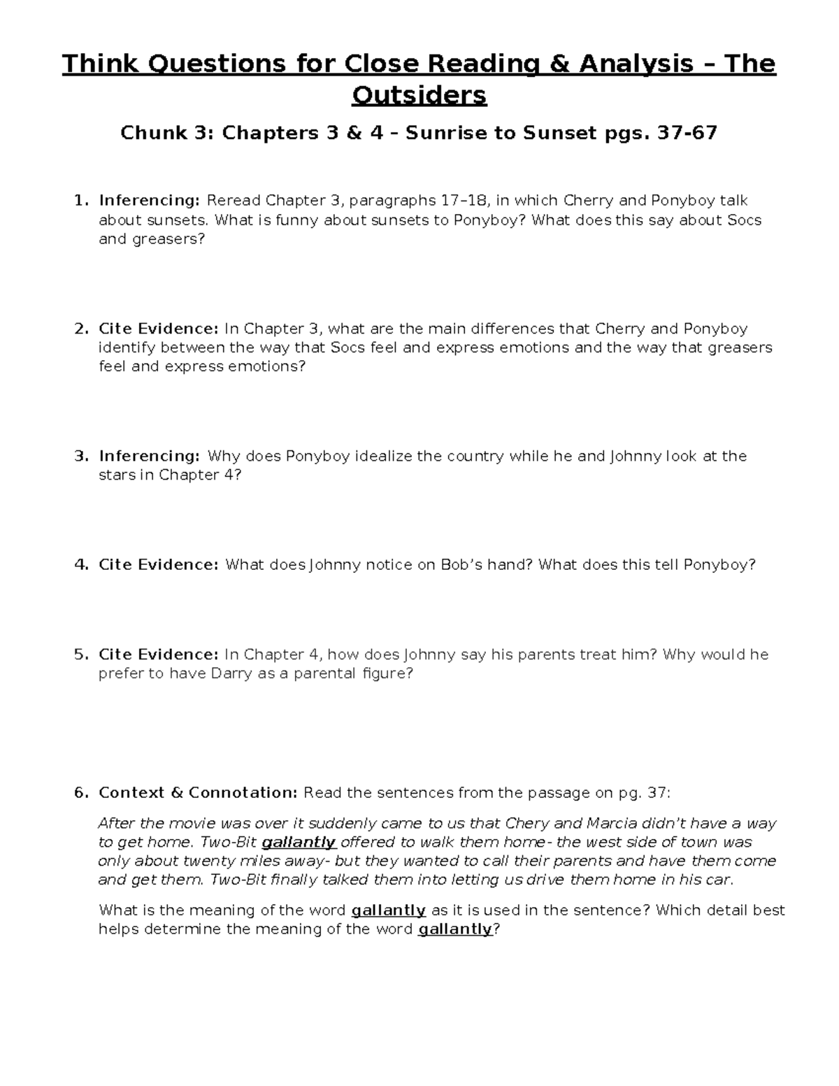 Lesson+7+Think+Questions+Student+-+The+Outsiders - Outsiders Chunk 3 ...